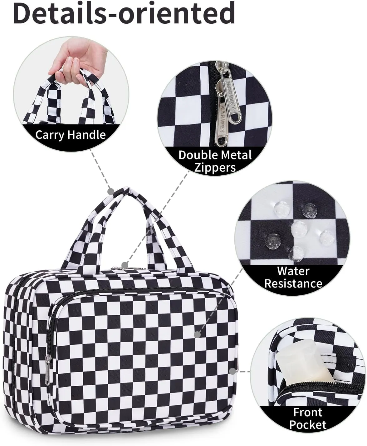 Narwey Hanging Toiletry Bag for Women Travel Makeup Bag Organizer Toiletries Bag for Travel Size Essentials Accessories Cosmetics (Black Checkerboard (Medium))