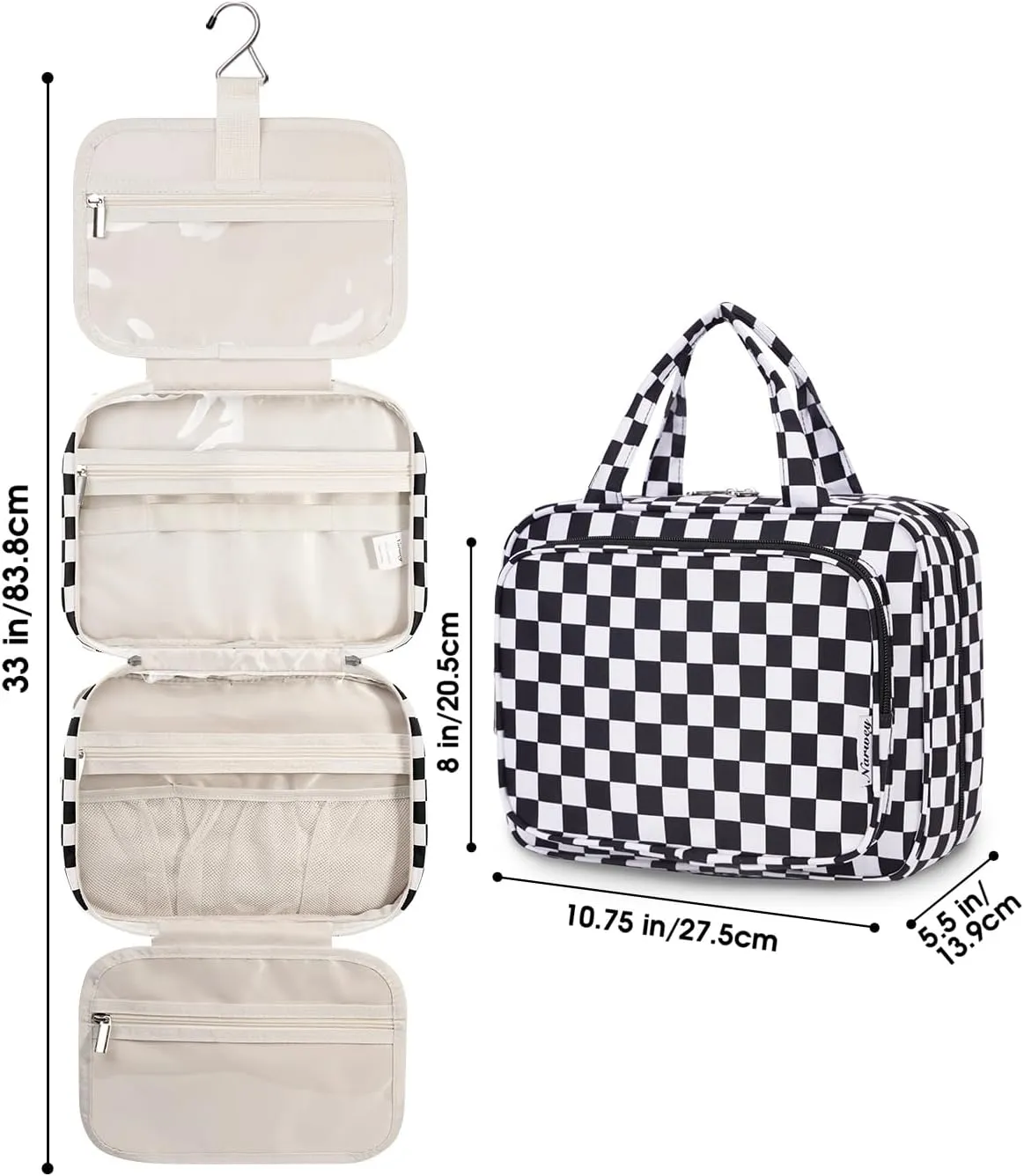 Narwey Hanging Toiletry Bag for Women Travel Makeup Bag Organizer Toiletries Bag for Travel Size Essentials Accessories Cosmetics (Black Checkerboard (Medium))