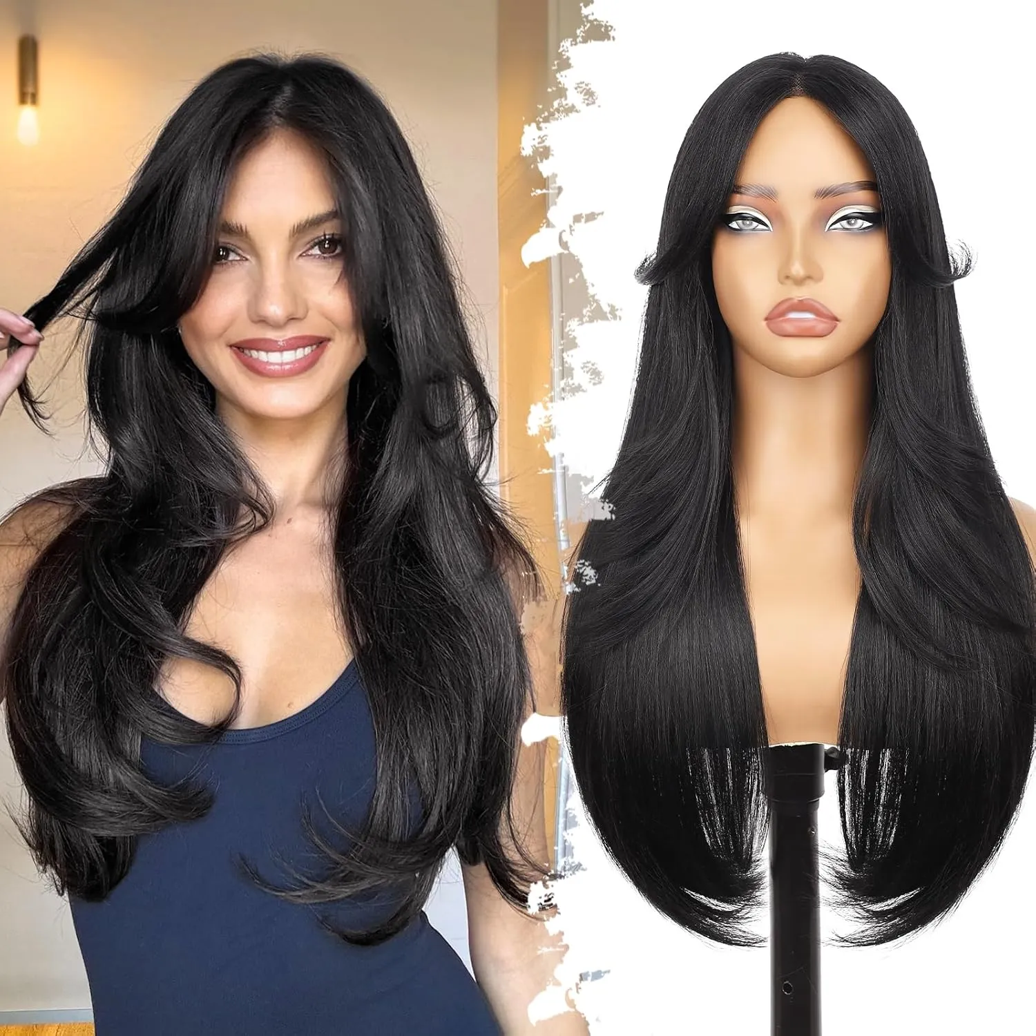 Natural Black Glueless Wigs for Women Pre Cut Synthetic Lace Hairline Long Layered Straight Hairstyle 26 Inch