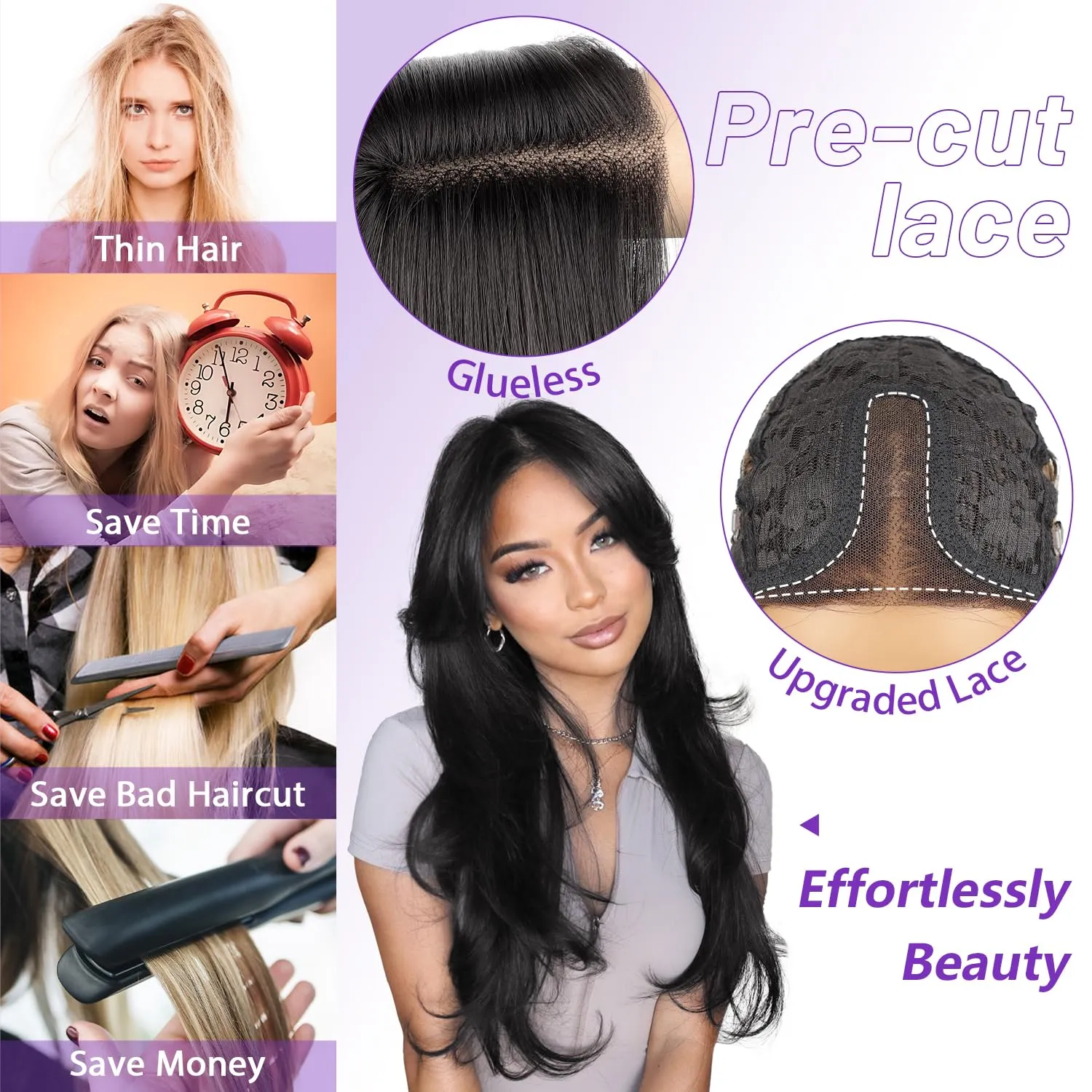 Natural Black Glueless Wigs for Women Pre Cut Synthetic Lace Hairline Long Layered Straight Hairstyle 26 Inch