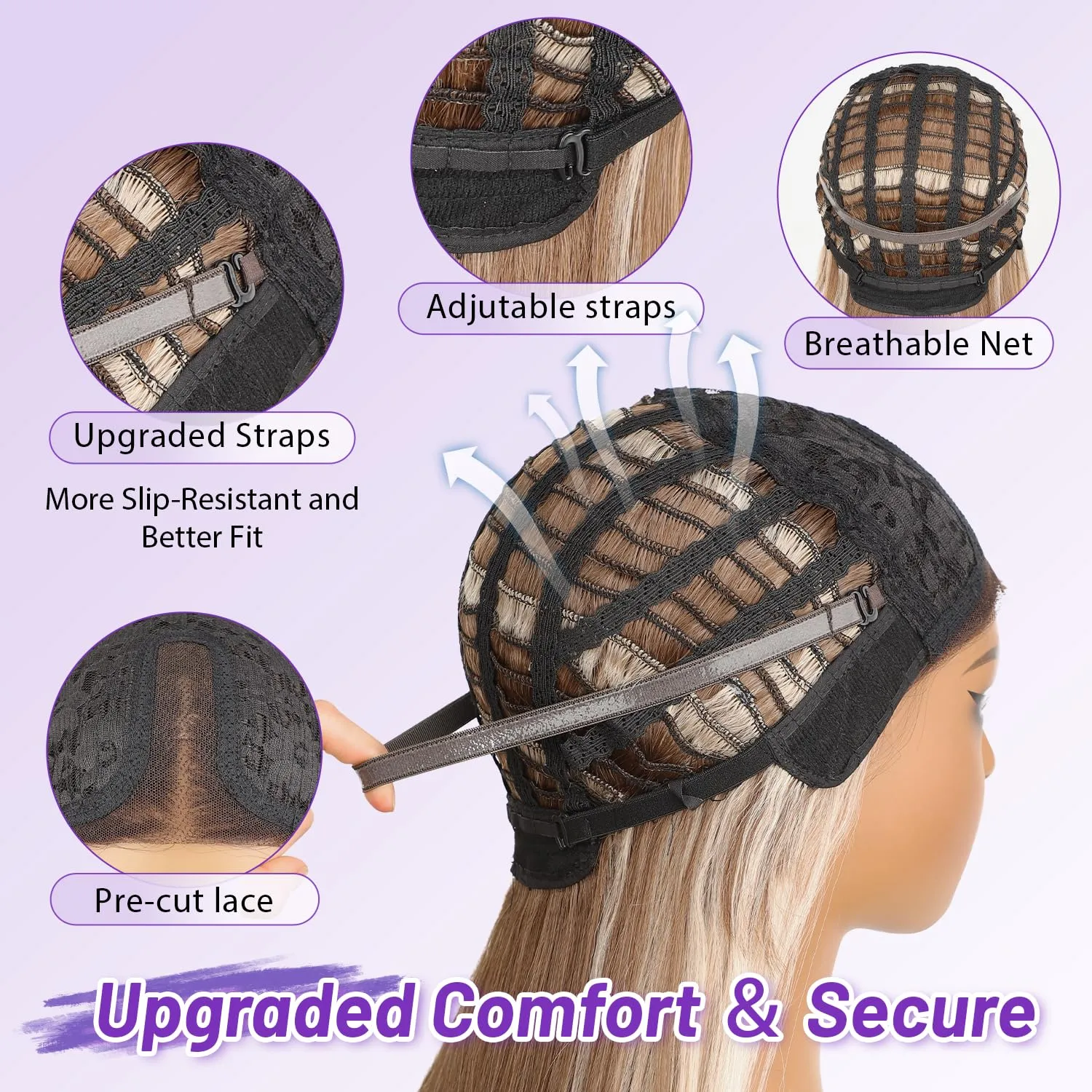 Natural Black Glueless Wigs for Women Pre Cut Synthetic Lace Hairline Long Layered Straight Hairstyle 26 Inch