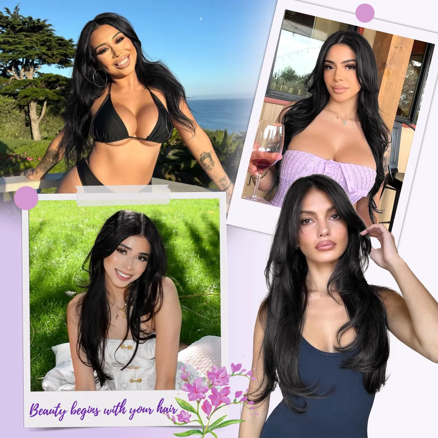 Natural Black Glueless Wigs for Women Pre Cut Synthetic Lace Hairline Long Layered Straight Hairstyle 26 Inch