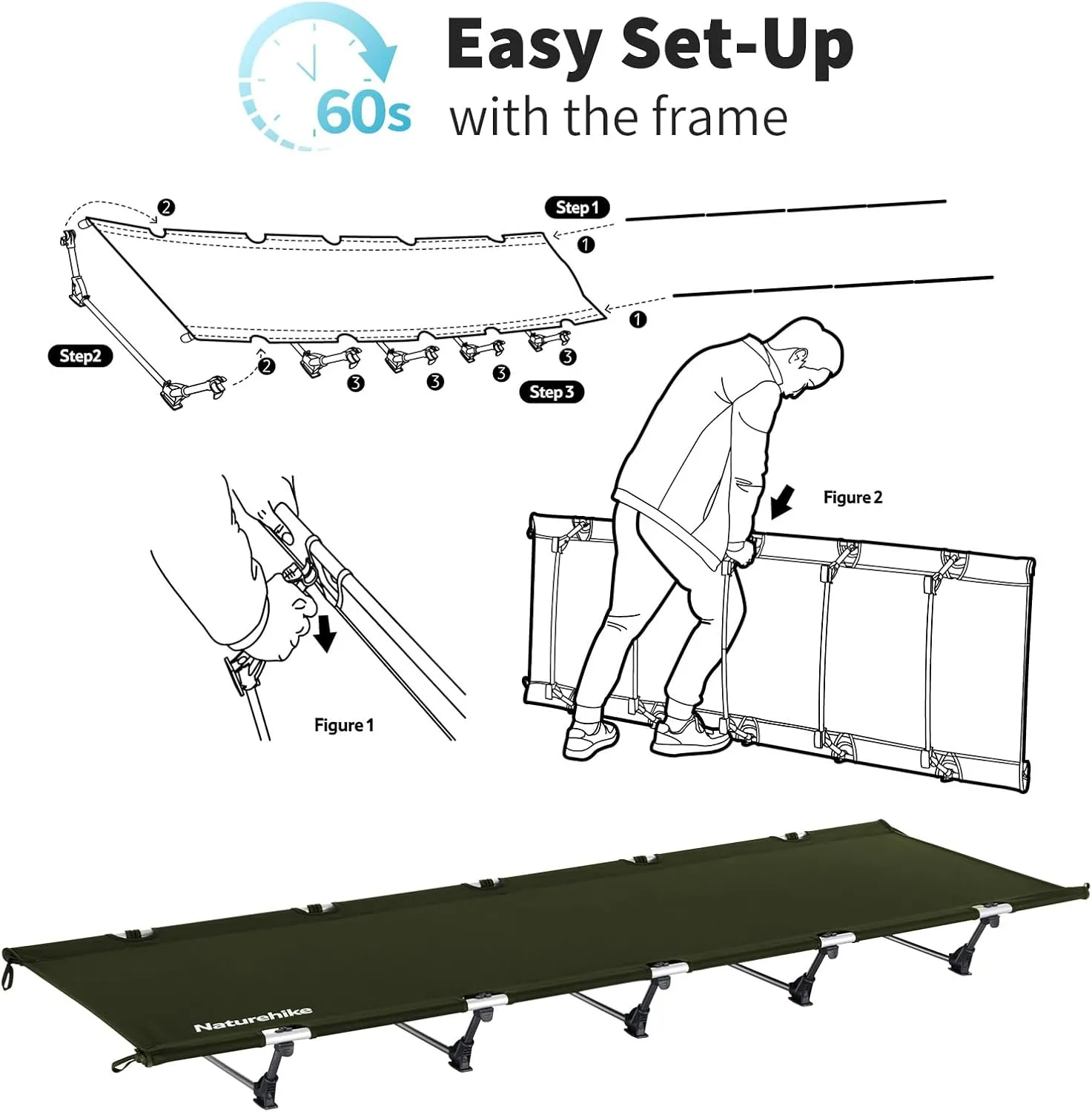 Naturehike GreenWild Camping Cot, Ultralight Folding Backpacking Cot, 60-Second Easy Set-Up, Supports 330lbs, Portable Camping Bed for Adults for Camping Hiking Travel Home