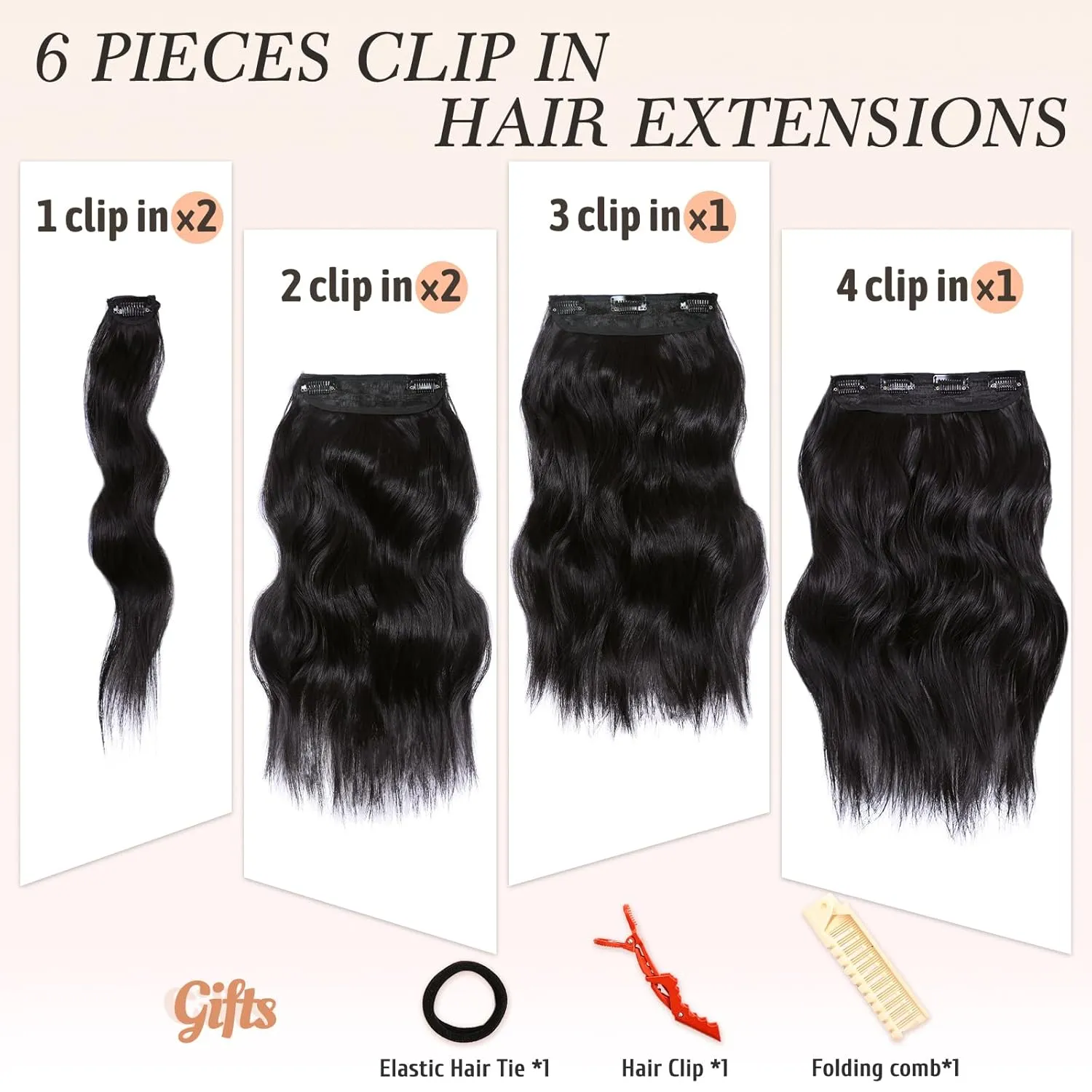 NAYOO Clip in Hair Extensions for Women 14 Inch Short Wavy Curly Natural Black Hairpieces Full Head Synthetic Hair Hairpieces(6PCS,Natural Black)
