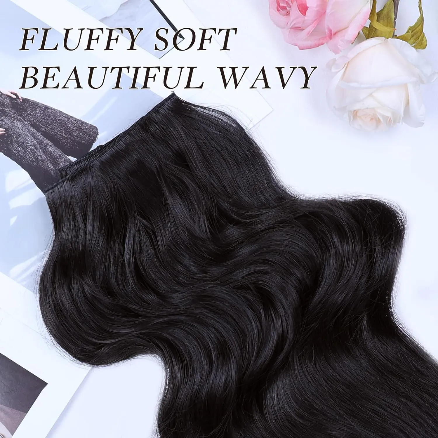 NAYOO Clip in Hair Extensions for Women 14 Inch Short Wavy Curly Natural Black Hairpieces Full Head Synthetic Hair Hairpieces(6PCS,Natural Black)
