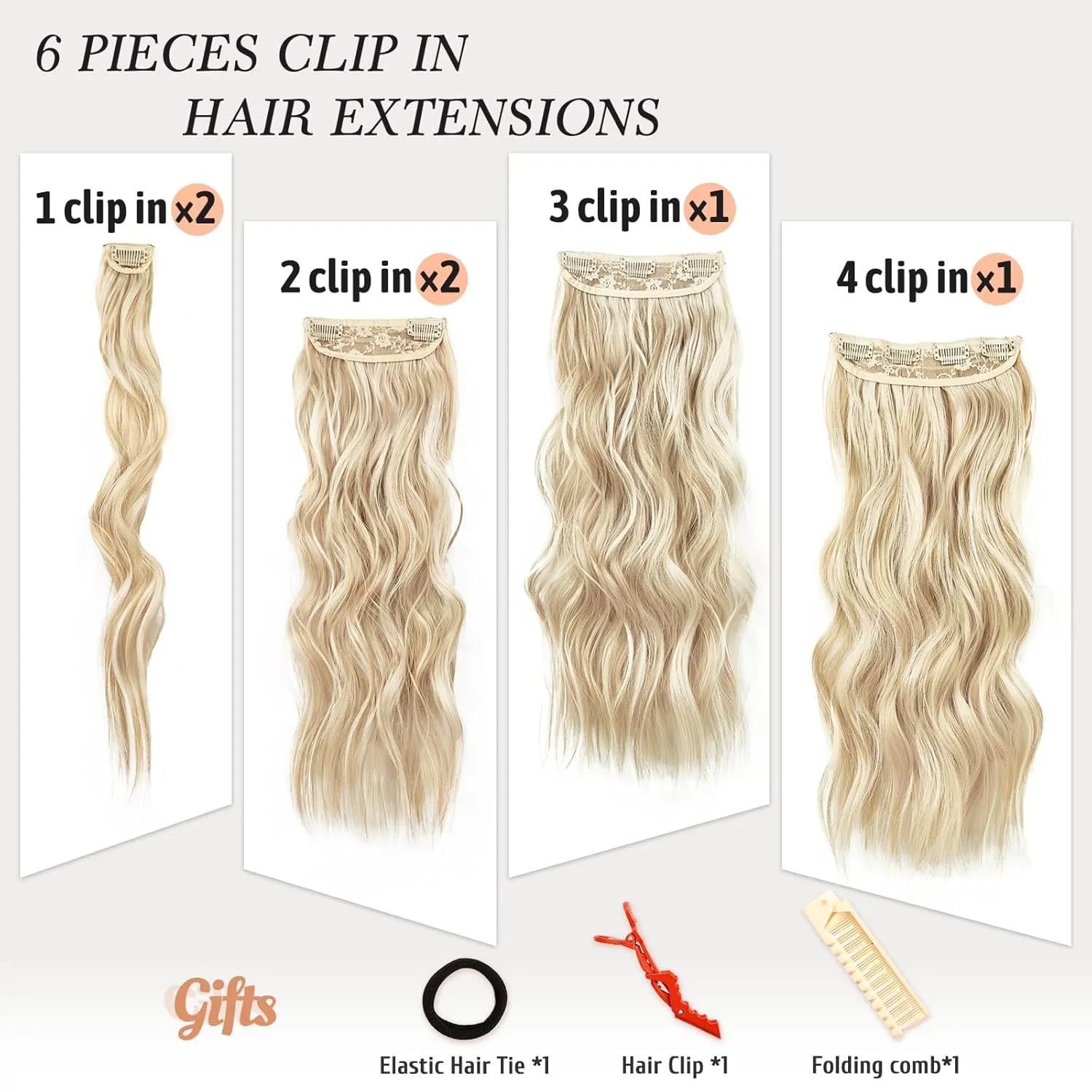 NAYOO Clip in Hair Extensions for Women 20 Inch Long Wavy Curly Blonde Mix Bleach Blonde Hair Extension Full Head Synthetic Hair Extension Hairpieces(6PCS,Blonde Mix Bleach Blonde)