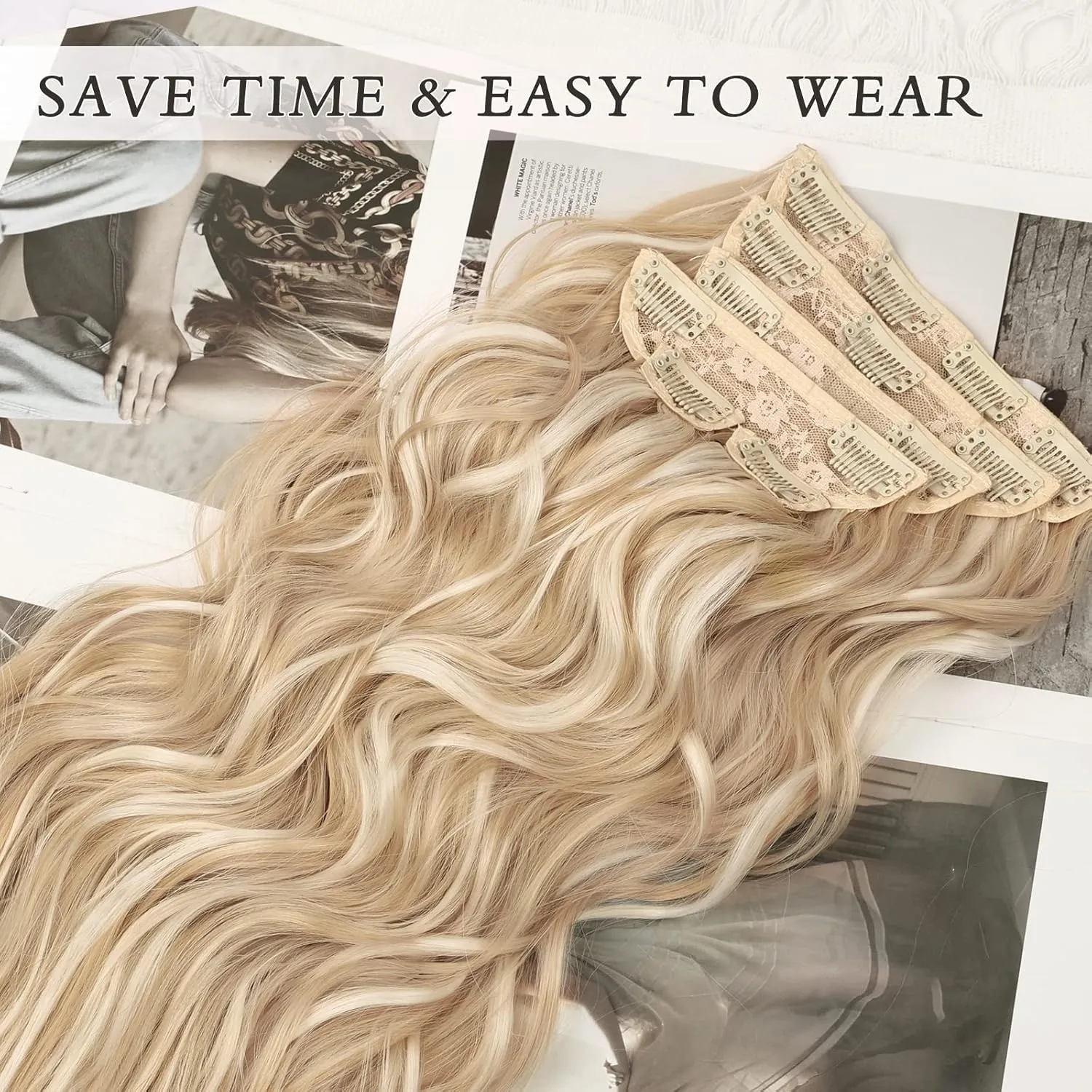 NAYOO Clip in Hair Extensions for Women 20 Inch Long Wavy Curly Blonde Mix Bleach Blonde Hair Extension Full Head Synthetic Hair Extension Hairpieces(6PCS,Blonde Mix Bleach Blonde)