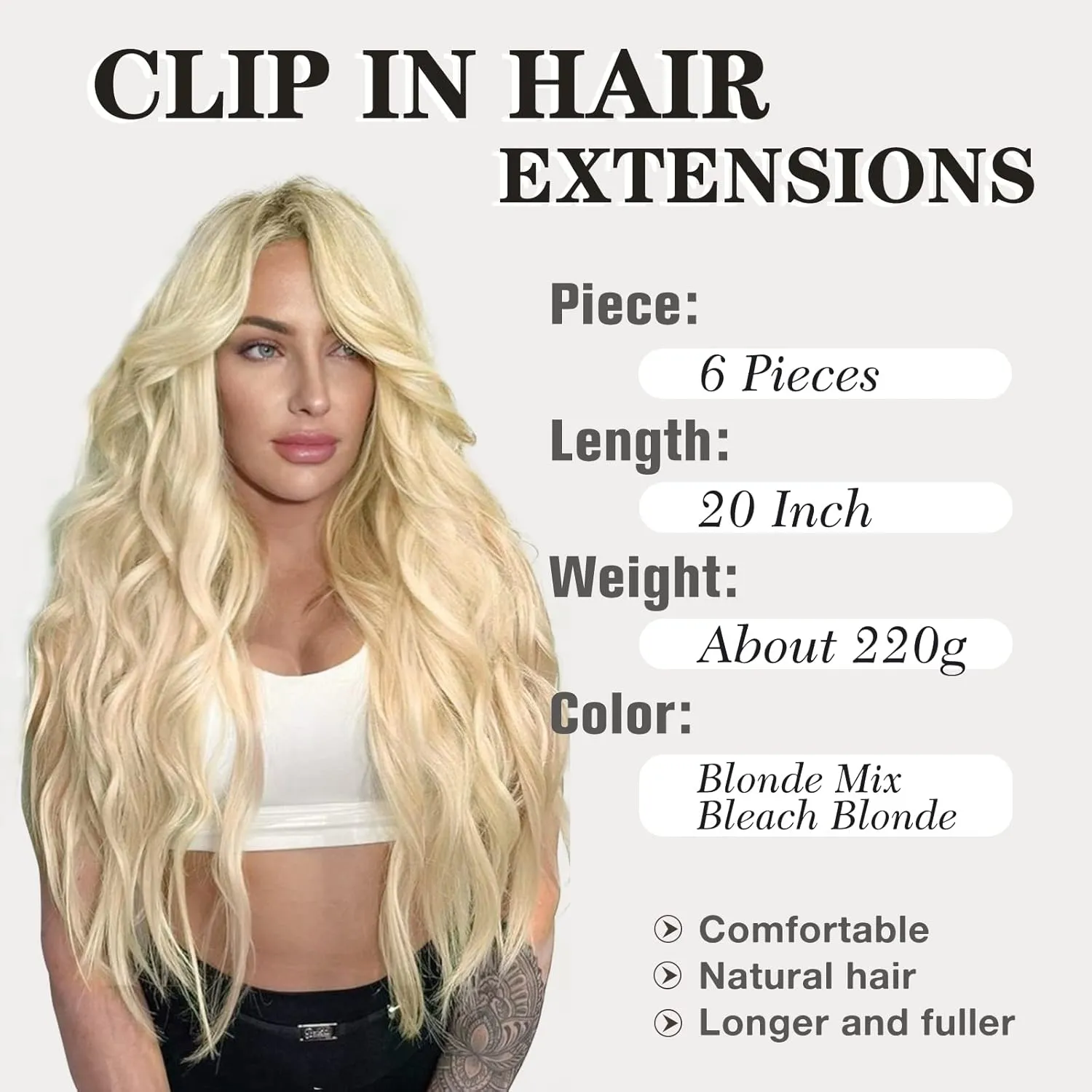 NAYOO Clip in Hair Extensions for Women 20 Inch Long Wavy Curly Blonde Mix Bleach Blonde Hair Extension Full Head Synthetic Hair Extension Hairpieces(6PCS,Blonde Mix Bleach Blonde)