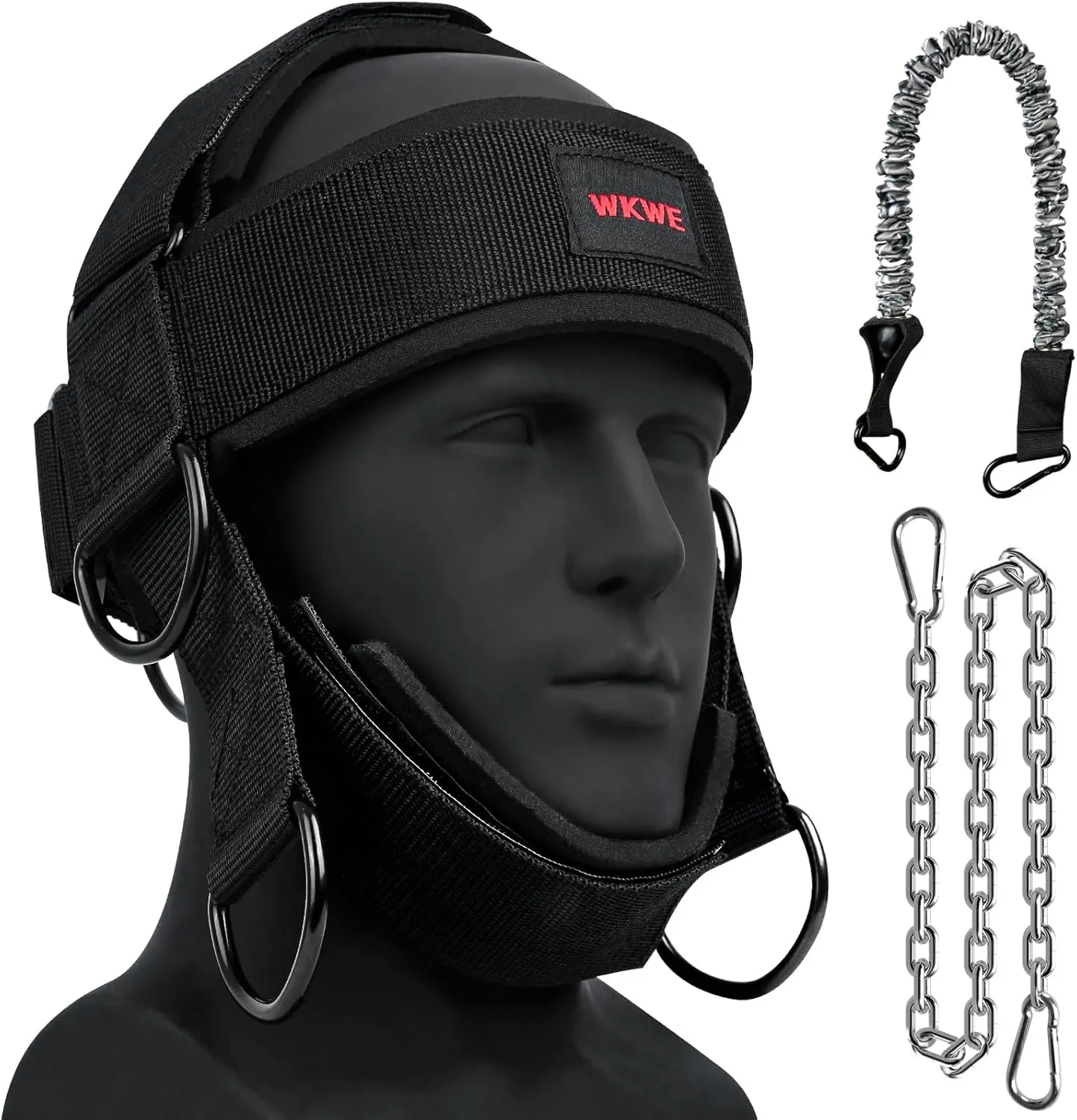 Neck Harness for Increases Neck Core Strength - Neck Exerciser with 30" Heavy Duty Steel Chain for Safely Lifting Weights Up to 280 lbs, Adjustable Head with Nylon Tether and 2 Carabiners