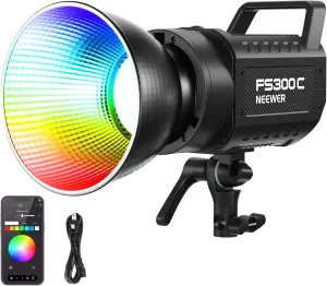 NEEWER 300W RGB LED Video Light APP/2.4G Control 17 Effects, 2500-7500K 36000lux/1m COB Continuous Output Lighting, CRI95 /TLCI97  4 Dimming Curves Bowens Mount Spotlight for Studio Shoots, FS300C