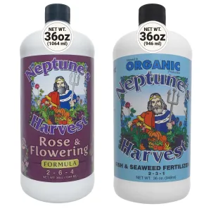 Neptune's Harvest Organic Plant Fertilizer | Liquid Fertilizer for Lawn, Garden & Houseplant | Rich in Essential Nutrients | Rose & Flowering 2-4-2 (Quart)   Fish & Seaweed Plant Food 2-6-4 (Quart)