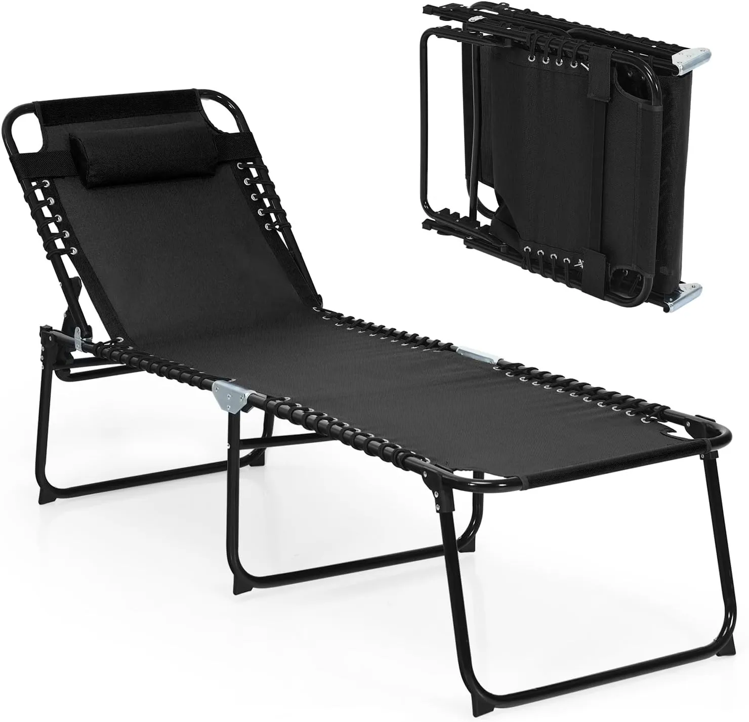 Nightcore Lounge Chair Outdoor, Folding Beach Chaise Lounger Recliner with 4-Position Adjustable Back, 2-Position Footrest & Removable Pillow, Portable Sun Tanning Chair for Patio Pool Lawn