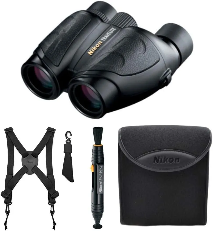 Nikon Travelite 8x25 Porro Prism Binoculars Bundle with Binocular Harness and Cleaning System (3 Items)