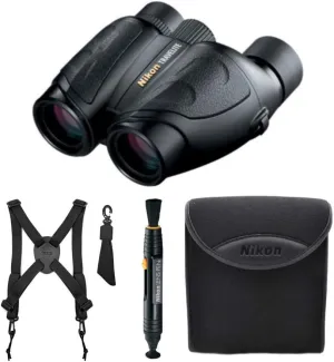 Nikon Travelite 8x25 Porro Prism Binoculars Bundle with Binocular Harness and Cleaning System (3 Items)