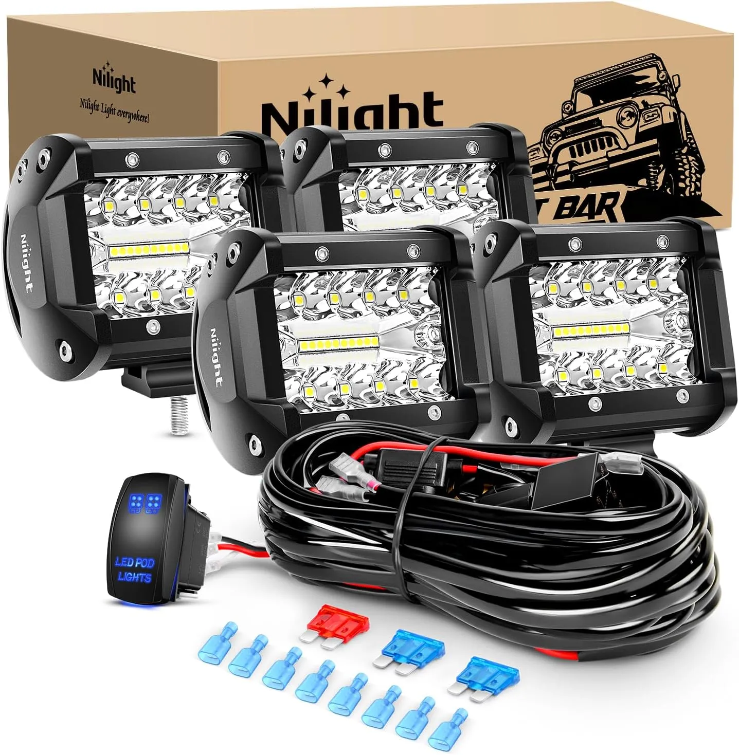 Nilight 4" LED Light Pod Blue Triple Row 2PCS 60W Flood Spot Combo Driving Fog Lights Fishing Hunting Emergency Safety Signal Deck Trailer Lights for UTV Pick-up Van Boat Tractor, 2 Years Warranty