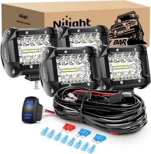 Nilight 4" LED Light Pod Blue Triple Row 2PCS 60W Flood Spot Combo Driving Fog Lights Fishing Hunting Emergency Safety Signal Deck Trailer Lights for UTV Pick-up Van Boat Tractor, 2 Years Warranty