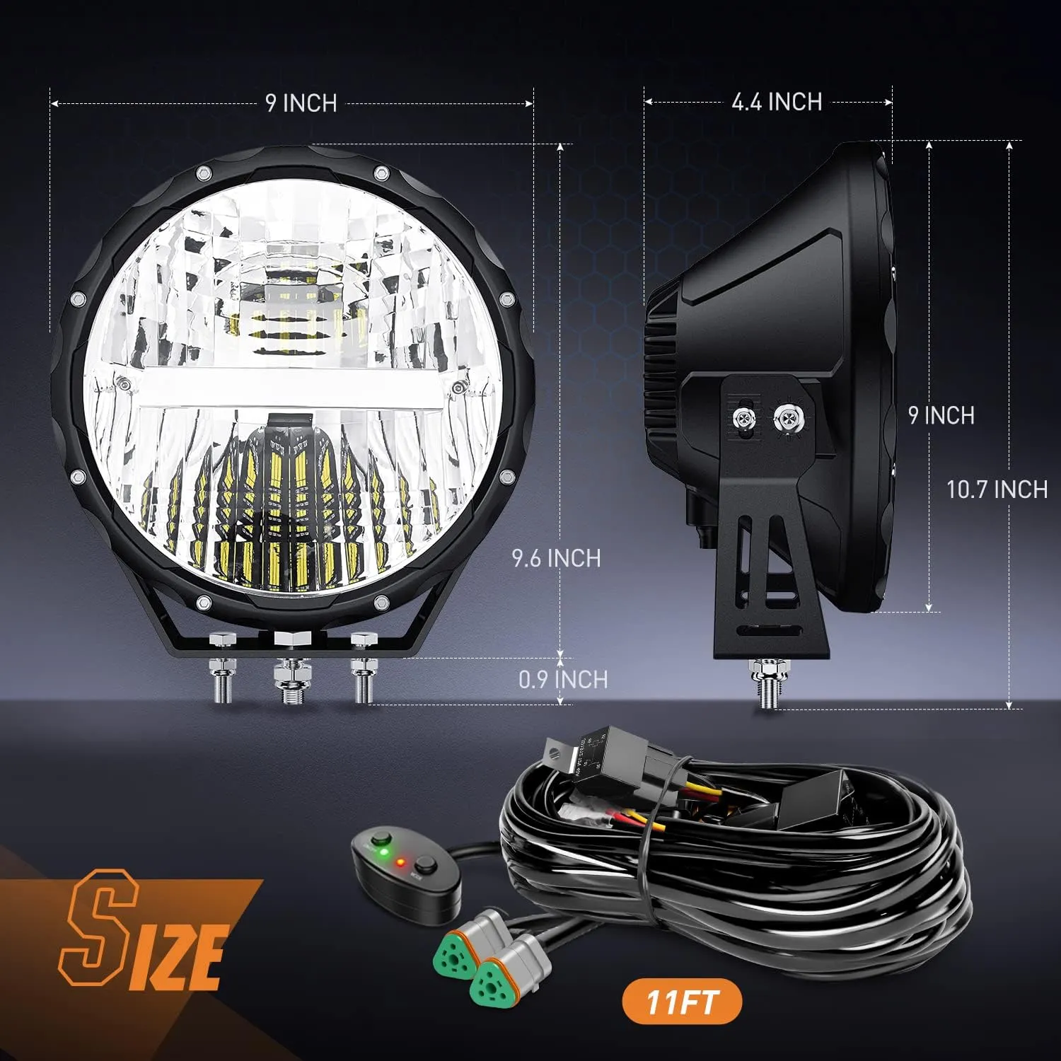 Nilight 9 Inch Round Offroad Light 2 PCS 120W High Low Beam IP68 LED Driving Lights Pods Built-in EMC with 14AWG DT Connector Wiring Harness Kit for Truck ATV UTV SUV