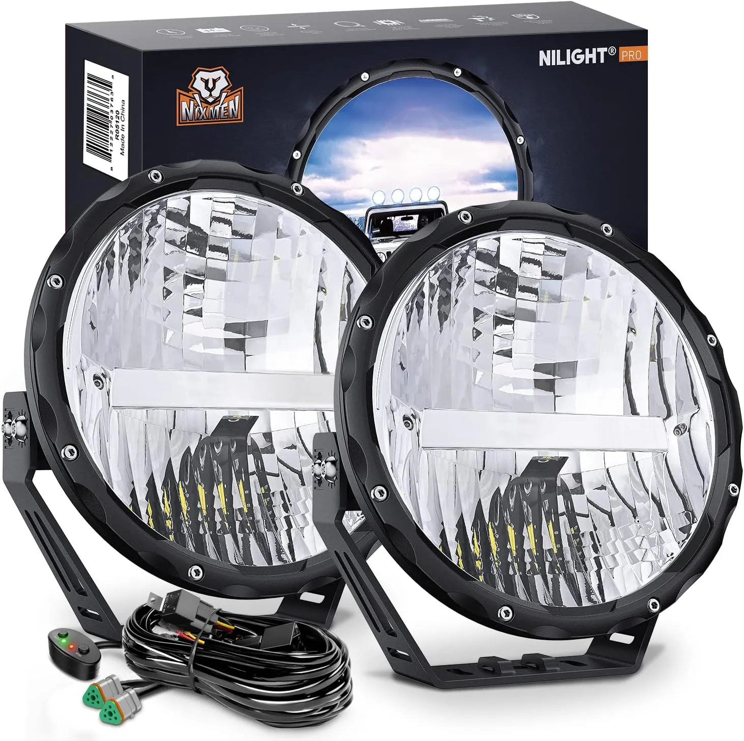 Nilight 9 Inch Round Offroad Light 2 PCS 120W High Low Beam IP68 LED Driving Lights Pods Built-in EMC with 14AWG DT Connector Wiring Harness Kit for Truck ATV UTV SUV