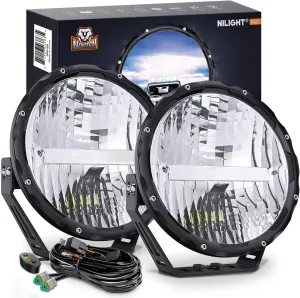 Nilight 9 Inch Round Offroad Light 2 PCS 120W High Low Beam IP68 LED Driving Lights Pods Built-in EMC with 14AWG DT Connector Wiring Harness Kit for Truck ATV UTV SUV