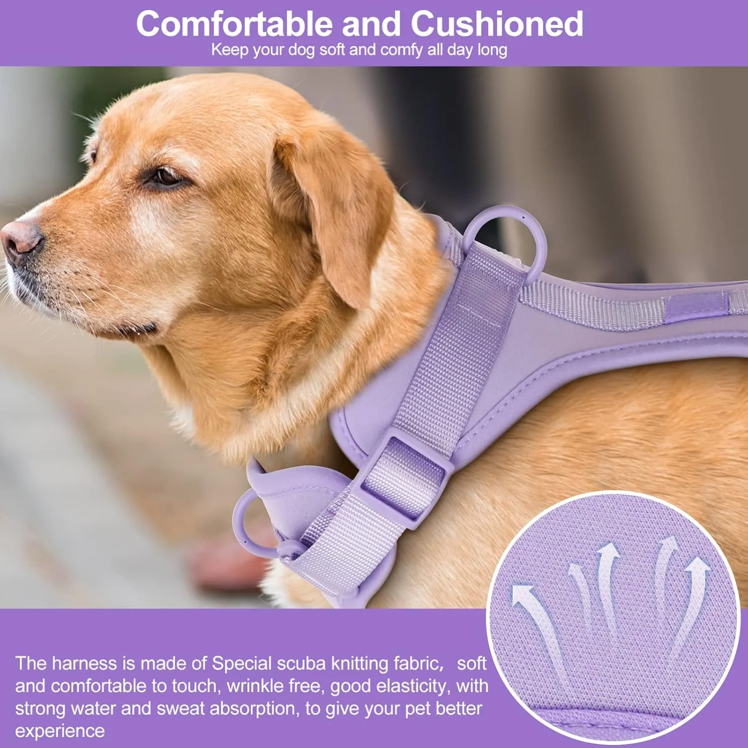 No Pull Lightweight Dog Harness: Adjustable Durable Breathable Mesh Pet Vest Harness with Soft & Comfortable Cushion, for Small Medium Large Dogs (Medium, Lilac)