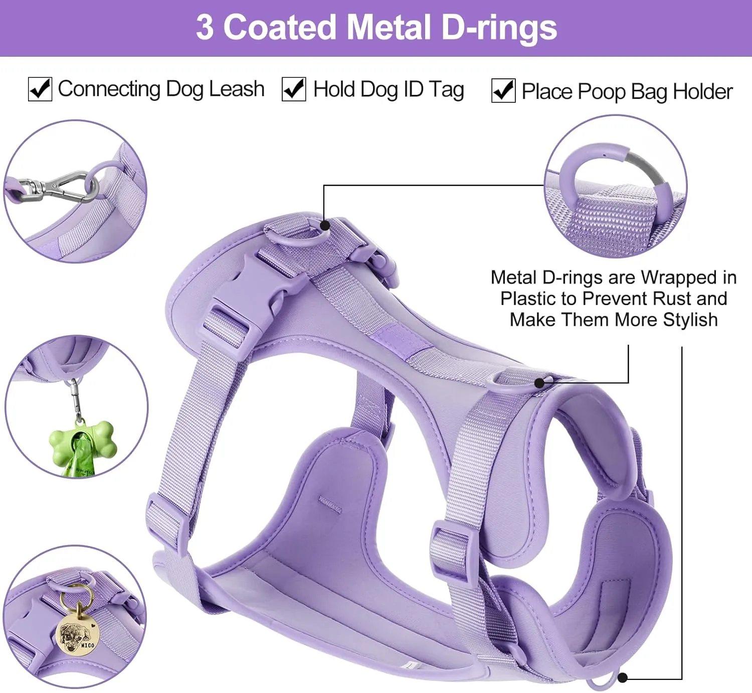 No Pull Lightweight Dog Harness: Adjustable Durable Breathable Mesh Pet Vest Harness with Soft & Comfortable Cushion, for Small Medium Large Dogs (Medium, Lilac)