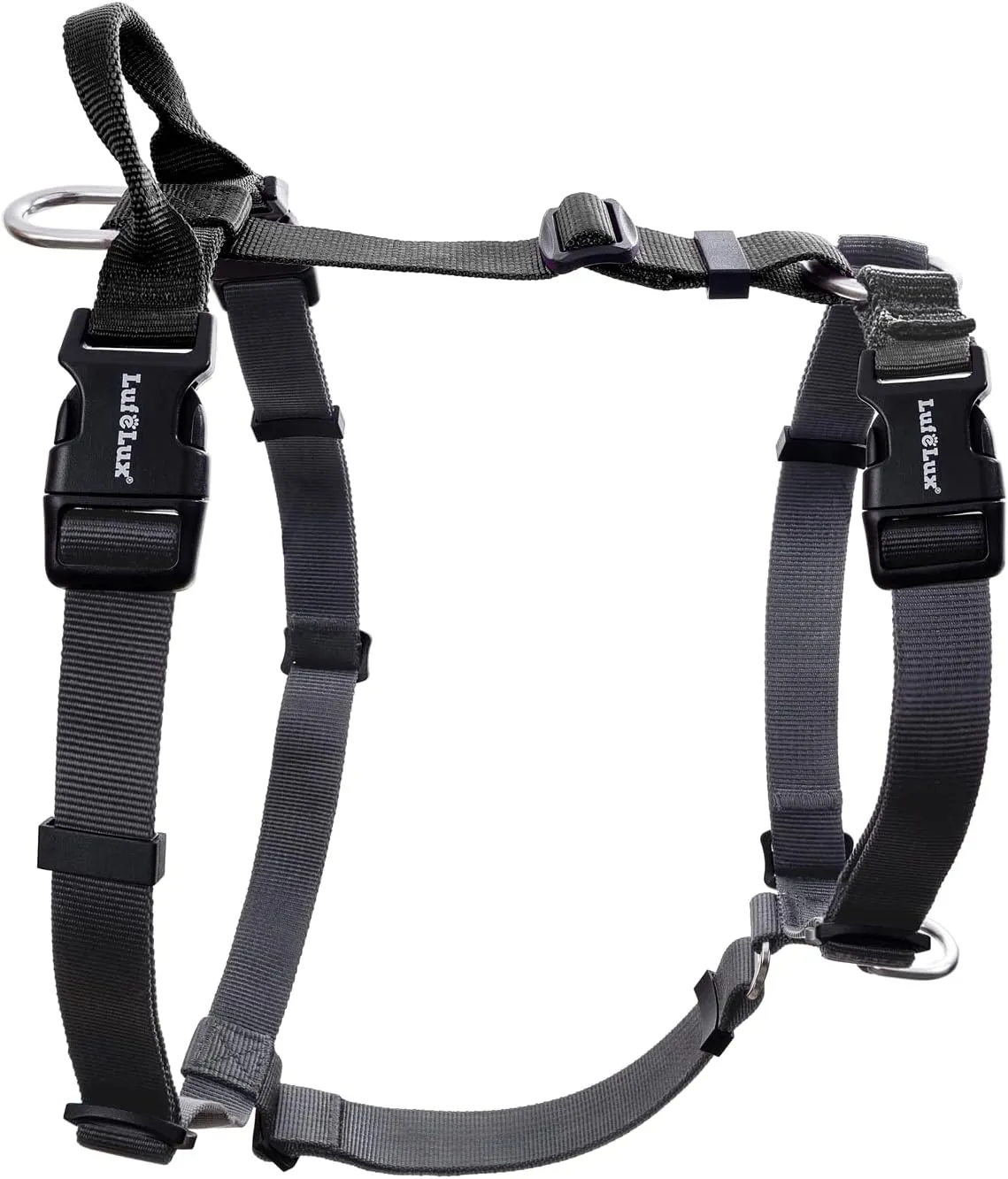 Non-Restrictive Easy Walk Freedom No Pull Dog Harness, Keep Balance, Neck-Buckle, Six Points Adjustment, 2 Leash Clips for Back and Front Clip (Black/Grey, L)