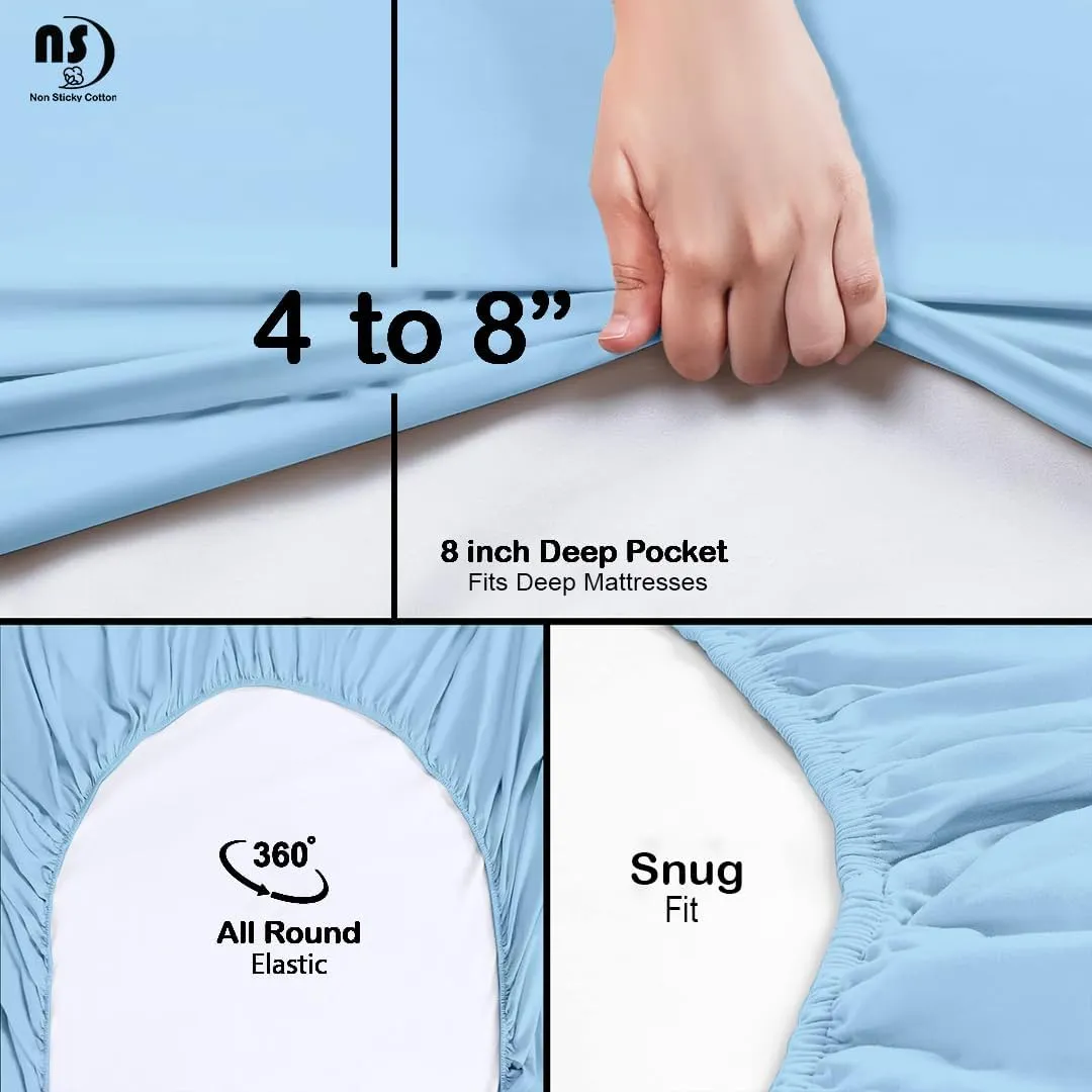 NON Sticky cotton Premium Egyptian Cotton 4 Piece Cot Sheet Set, 8" Deep Pocket Fitted, Sheets for 33" X 75" Camping Mattress, Narrow Twin, RV Bunk, Guest Bed, Light Blue Solid