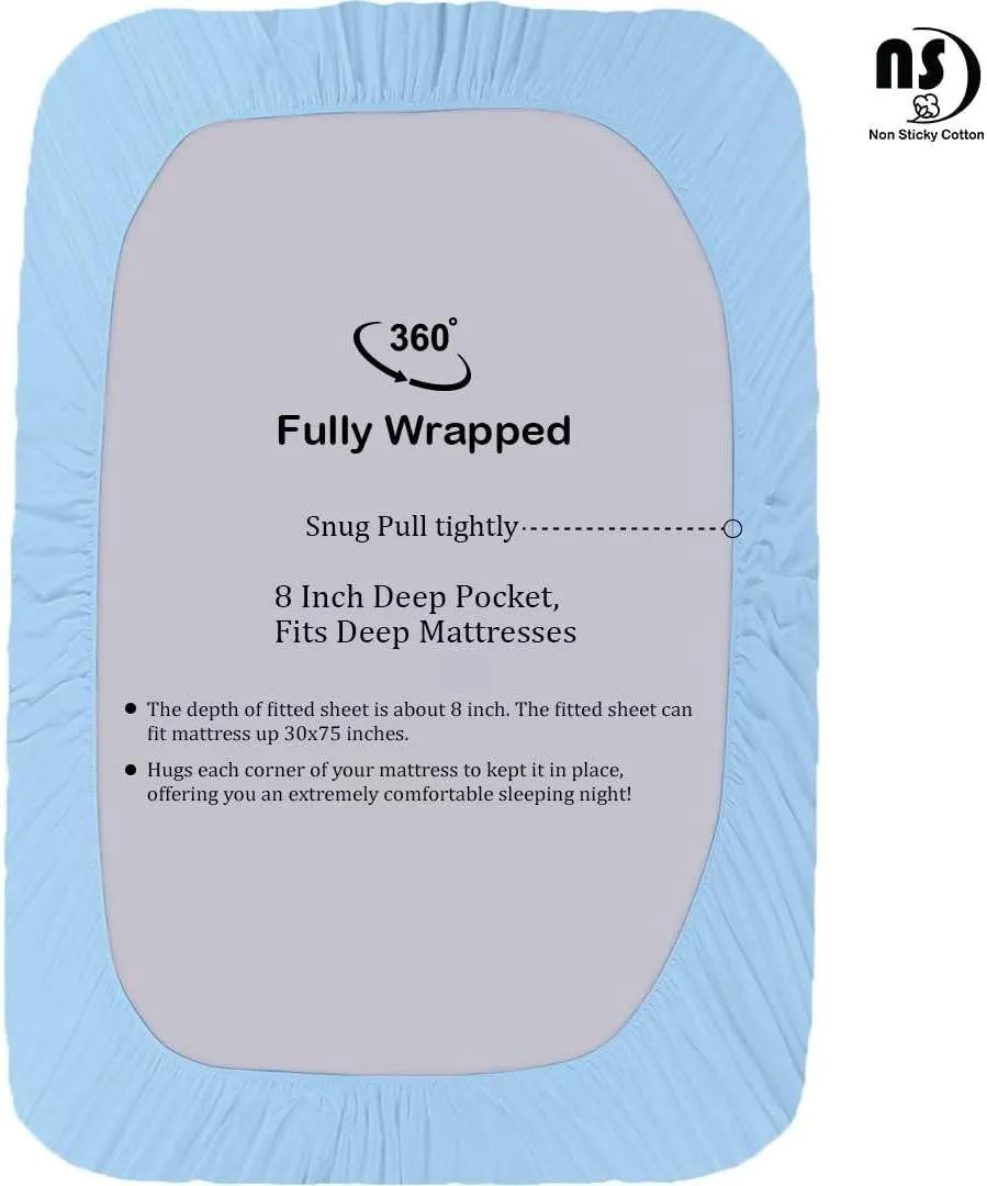 NON Sticky cotton Premium Egyptian Cotton 4 Piece Cot Sheet Set, 8" Deep Pocket Fitted, Sheets for 33" X 75" Camping Mattress, Narrow Twin, RV Bunk, Guest Bed, Light Blue Solid