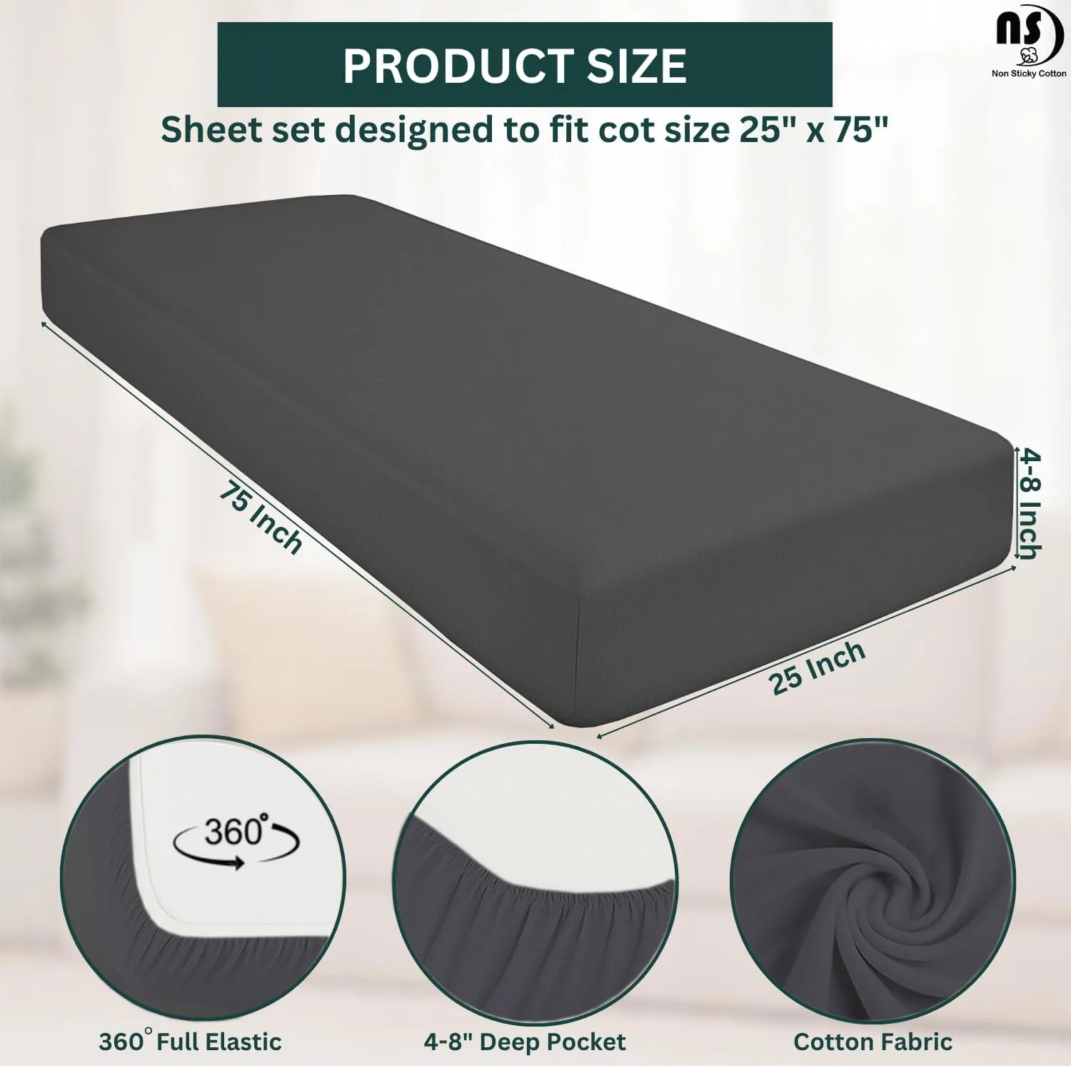 NON Sticky cotton Premium Fitted Cot Sheets, 4 Piece Egyptian Cotton Sheet Set, 8" Deep Pocket Fits Narrow Twin, RV Bunk, Guest Beds, Army Camping Cots, Trifold Mattress 25" X 75", Dark Grey Solid