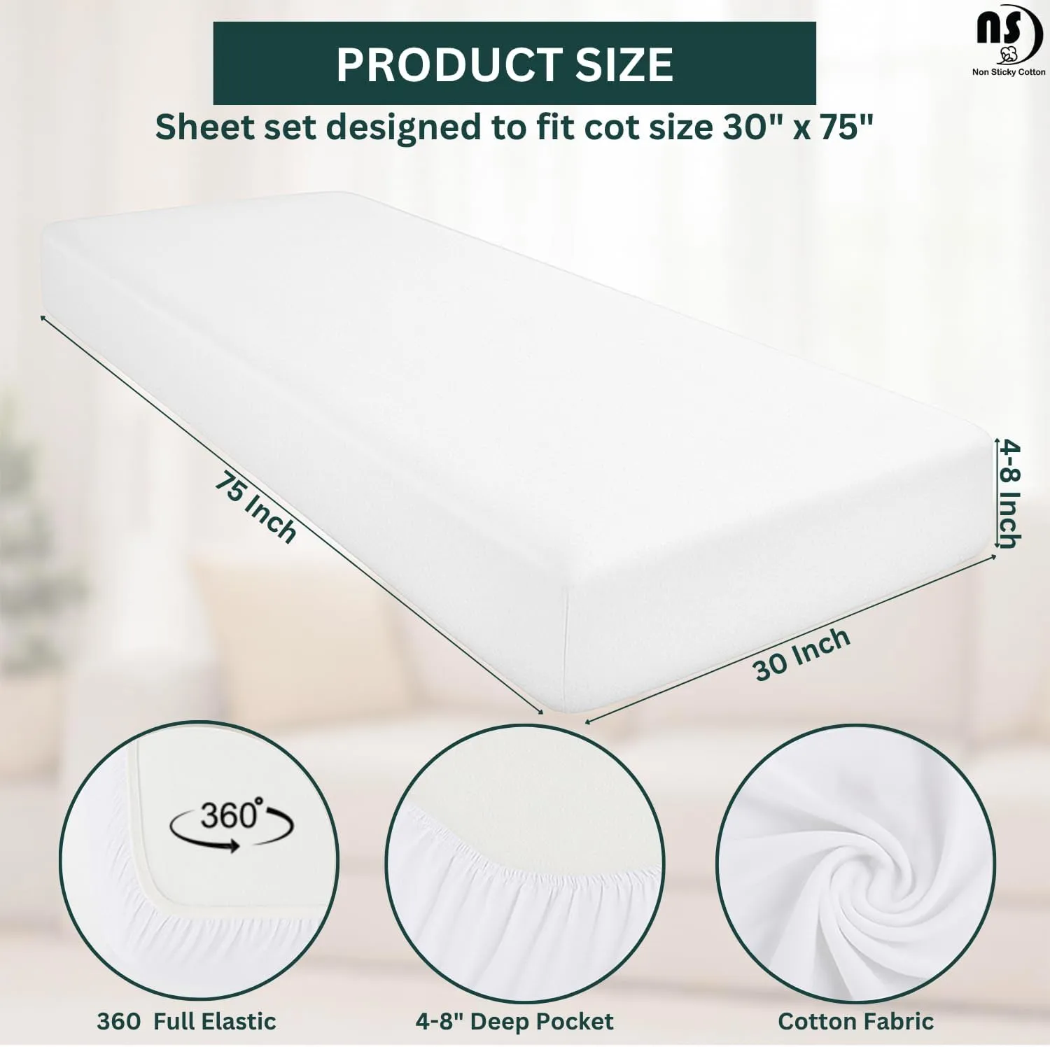 NON Sticky cotton Premium Fitted Cot Sheets, 4 Piece Egyptian Cotton Sheet Set, 8" Deep Pocket Fits Narrow Twin, RV Bunk, Guest Beds, Army Camping Cots, Trifold Mattress 30" X 75", White Solid