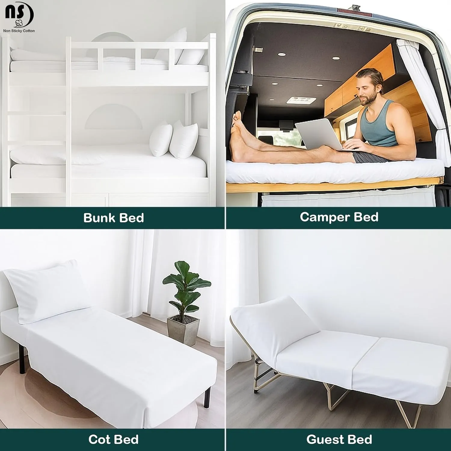 NON Sticky cotton Premium Fitted Cot Sheets, 4 Piece Egyptian Cotton Sheet Set, 8" Deep Pocket Fits Narrow Twin, RV Bunk, Guest Beds, Army Camping Cots, Trifold Mattress 30" X 75", White Solid