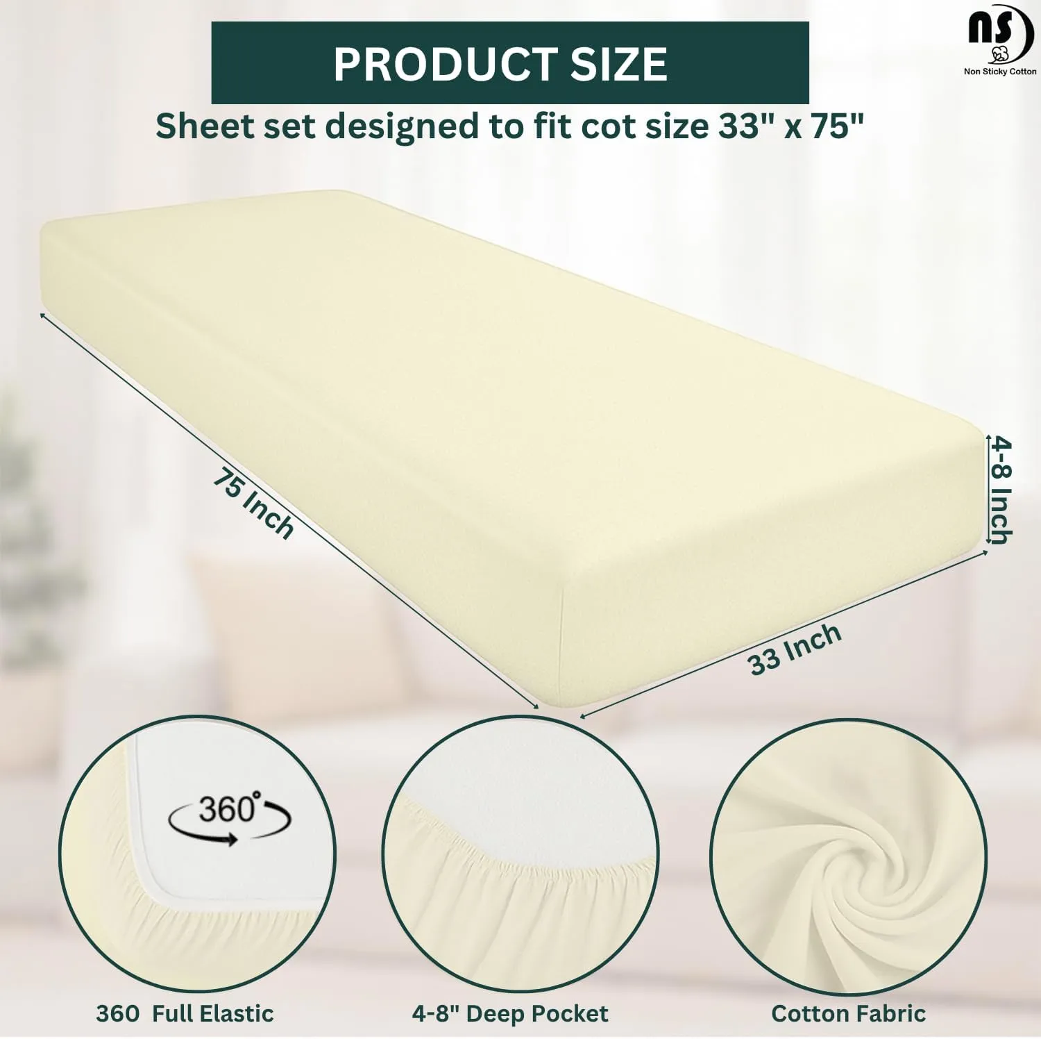 NON Sticky cotton Premium Fitted Cot Sheets, 4 Piece Egyptian Cotton Sheet Set, 8" Deep Pocket Fits Narrow Twin, RV Bunk, Guest Beds, Army Camping Cots, Trifold Mattress 33" X 75", Ivory Solid