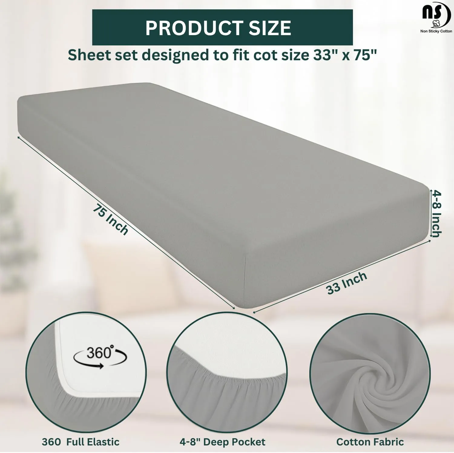 NON Sticky cotton Premium Fitted Cot Sheets, 4 Piece Egyptian Cotton Sheet Set, 8" Deep Pocket Fits Narrow Twin, RV Bunk, Guest Beds, Army Camping Cots, Trifold Mattress 33" X 75", Light Grey Solid