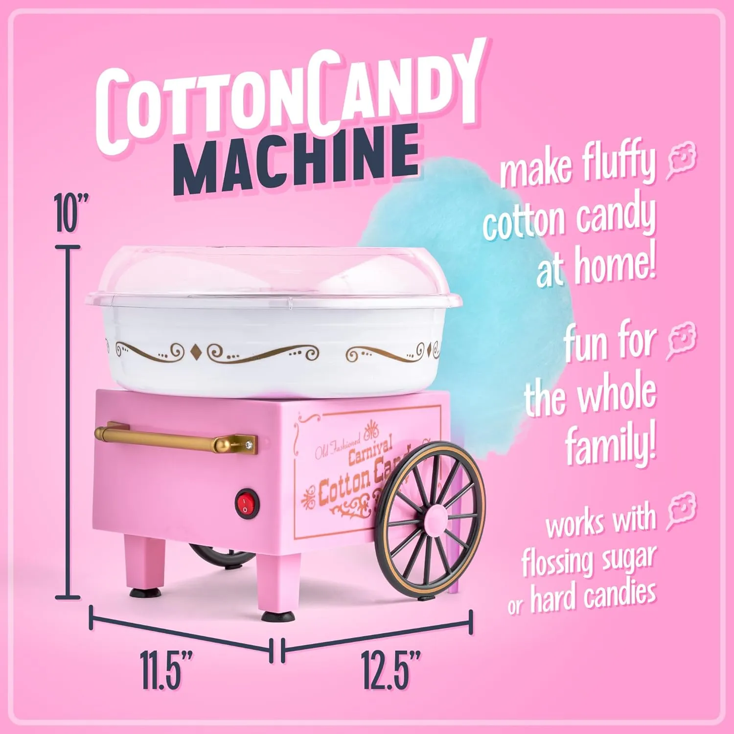 Nostalgia Cotton Candy Machine - Retro Cotton Candy Machine for Kids with 2 Reusable Cones, 1 Sugar Scoop, and 1 Extractor Head – Pink
