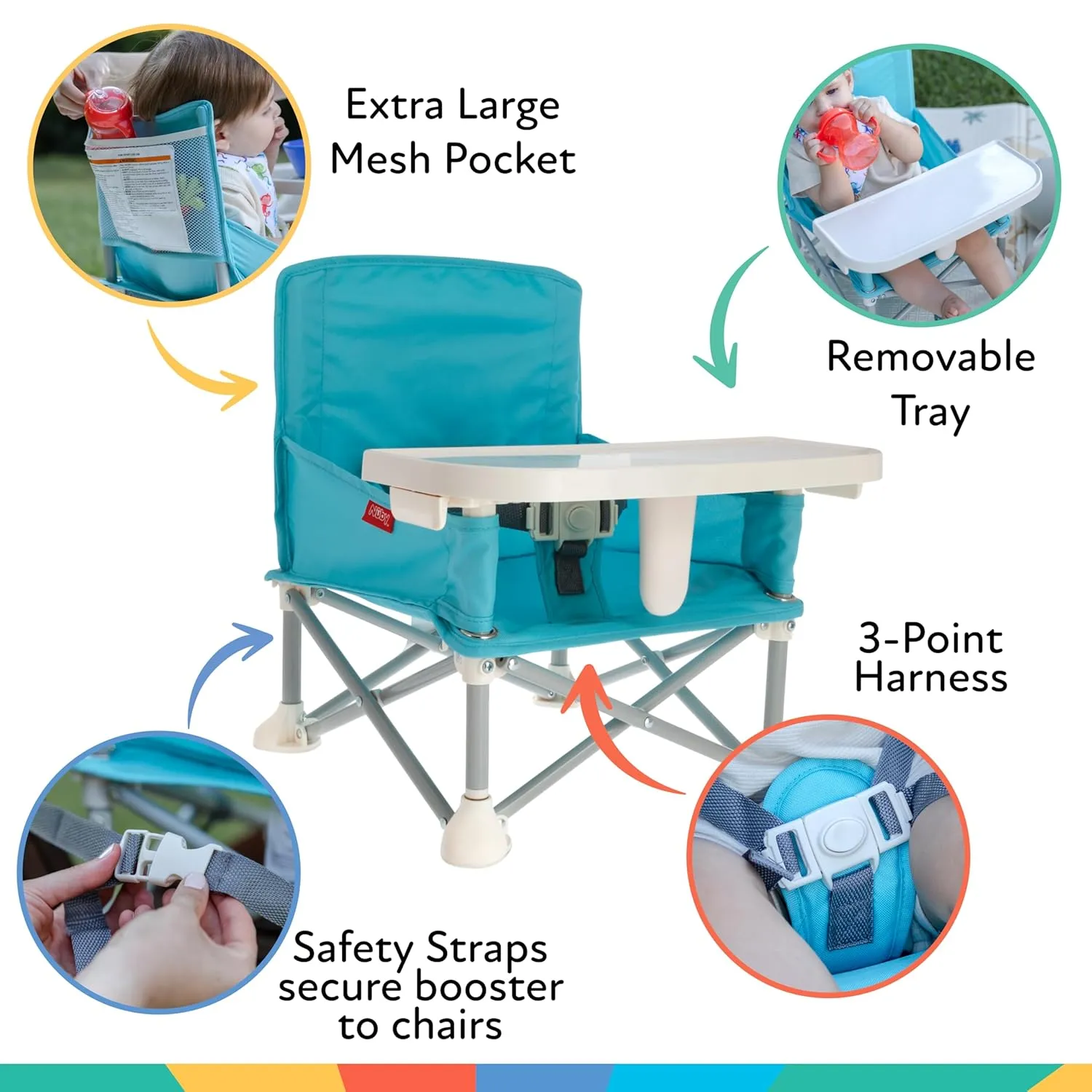 Nuby Easy Go Pop-Up Booster Seat with Removable Tray - 6  Months - Portable Booster Seat for Floor for Indoor/Outdoor Use - 3-Point Safety Adjustable Straps - Includes Travel Bag - Aqua