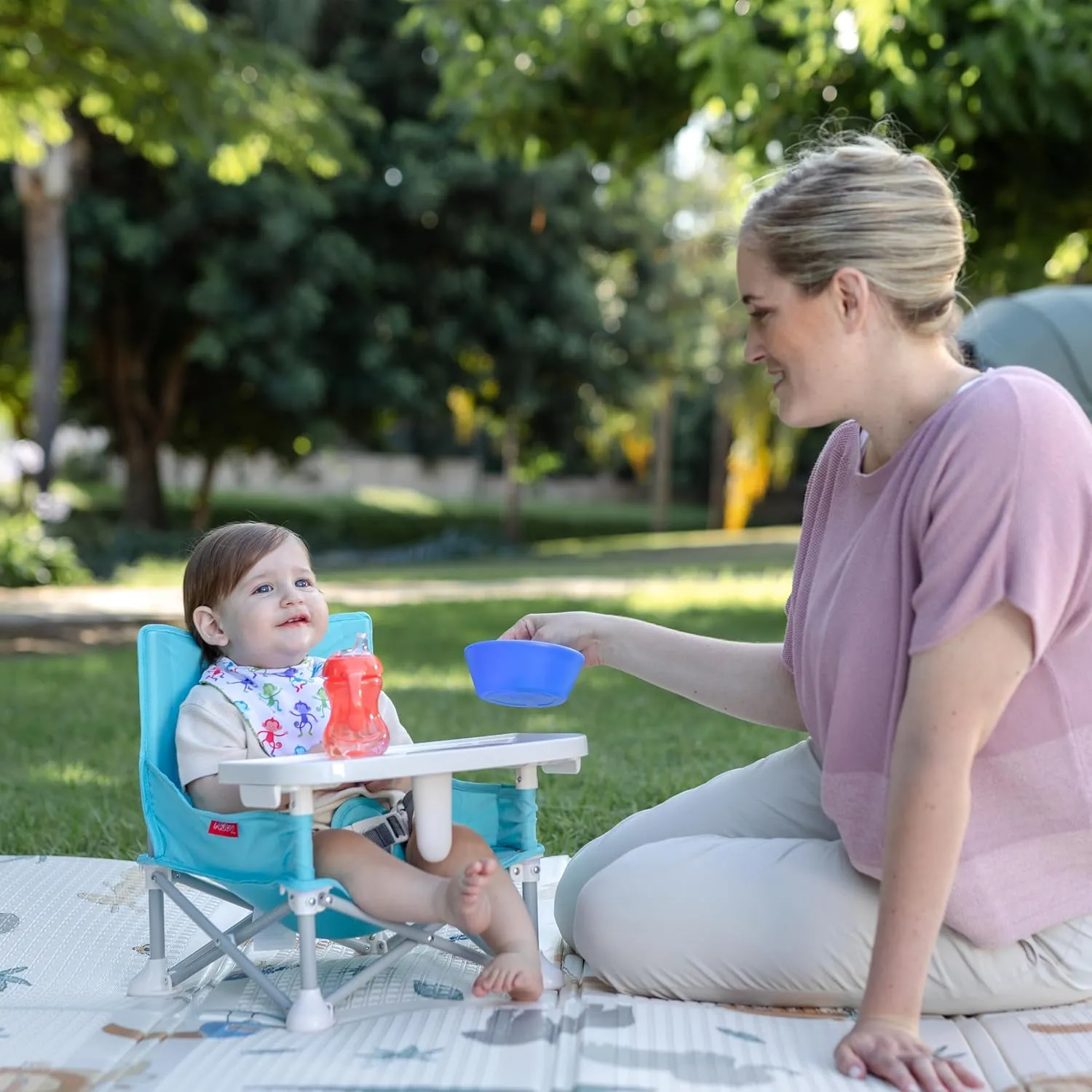 Nuby Easy Go Pop-Up Booster Seat with Removable Tray - 6  Months - Portable Booster Seat for Floor for Indoor/Outdoor Use - 3-Point Safety Adjustable Straps - Includes Travel Bag - Aqua