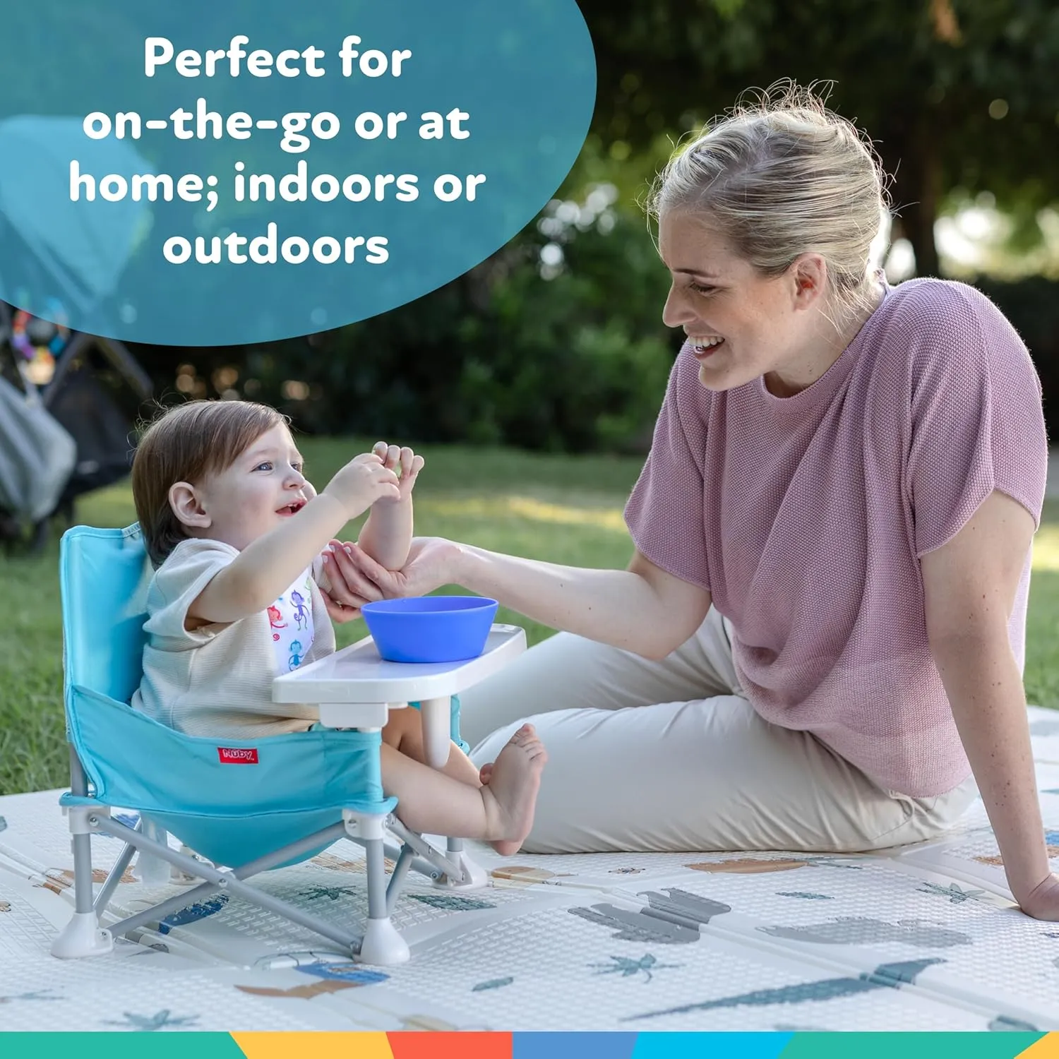 Nuby Easy Go Pop-Up Booster Seat with Removable Tray - 6  Months - Portable Booster Seat for Floor for Indoor/Outdoor Use - 3-Point Safety Adjustable Straps - Includes Travel Bag - Aqua