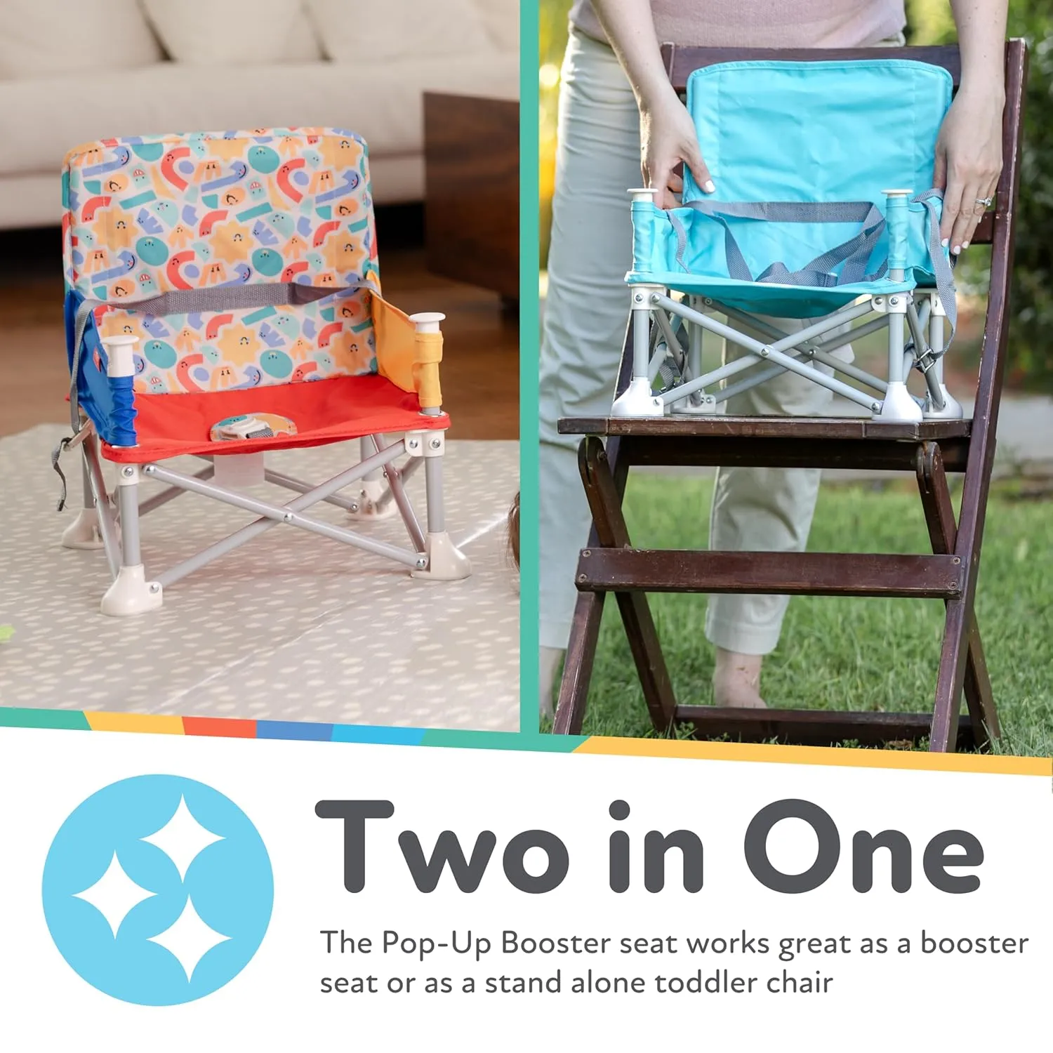 Nuby Easy Go Pop-Up Booster Seat with Removable Tray - 6  Months - Portable Booster Seat for Floor for Indoor/Outdoor Use - 3-Point Safety Adjustable Straps - Includes Travel Bag - Black and White
