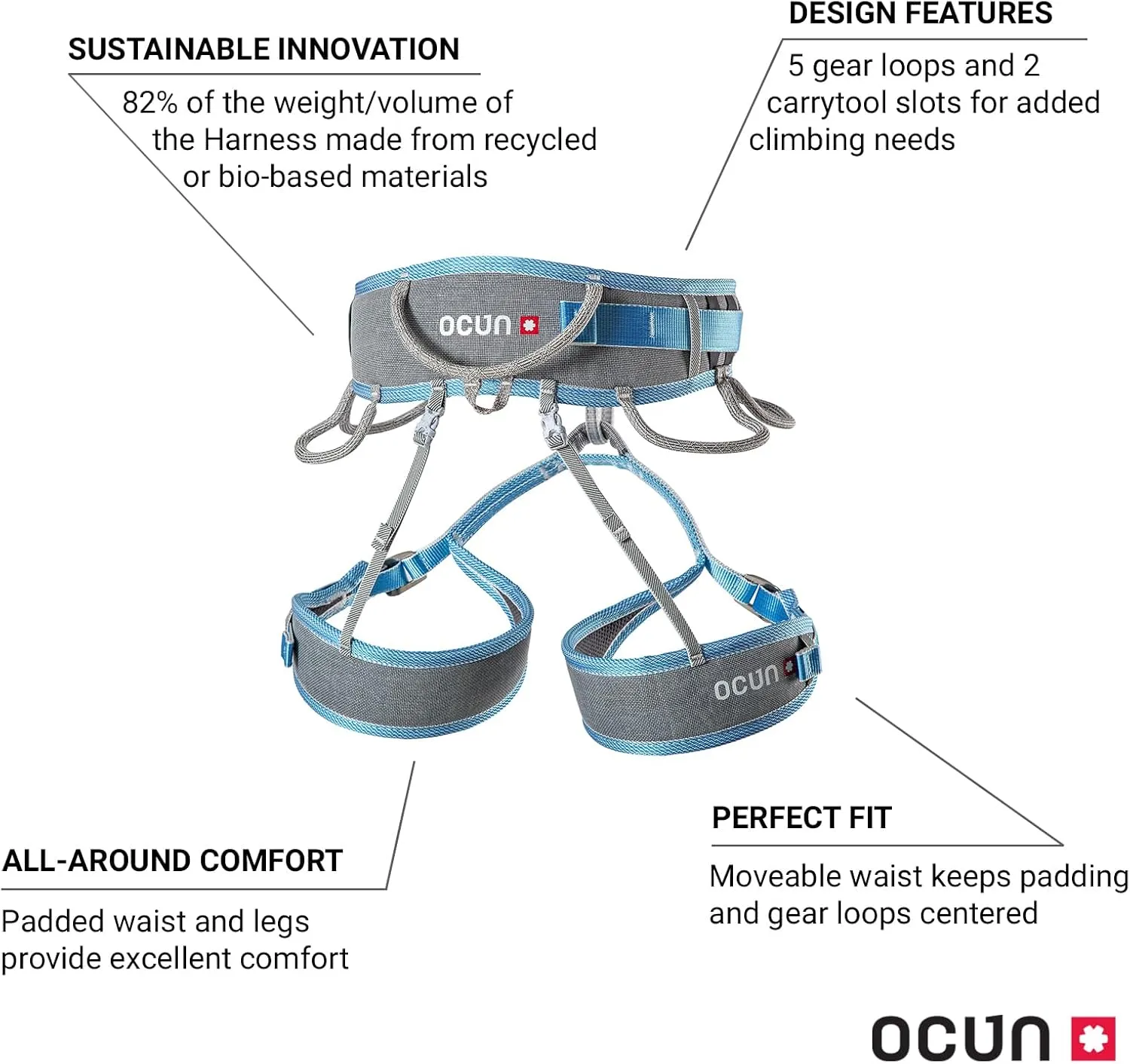 Ocun Twist Tech Eco Climbing Sport Harness, Lightweight Three Buckle Harness for Trad, Alpine & Rock Climbing
