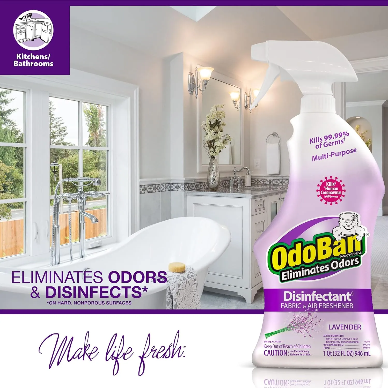 OdoBan Ready-to-Use Disinfectant and Odor Eliminator, Set of 12 Spray Bottles, 32 Ounces Each, Lavender Scent