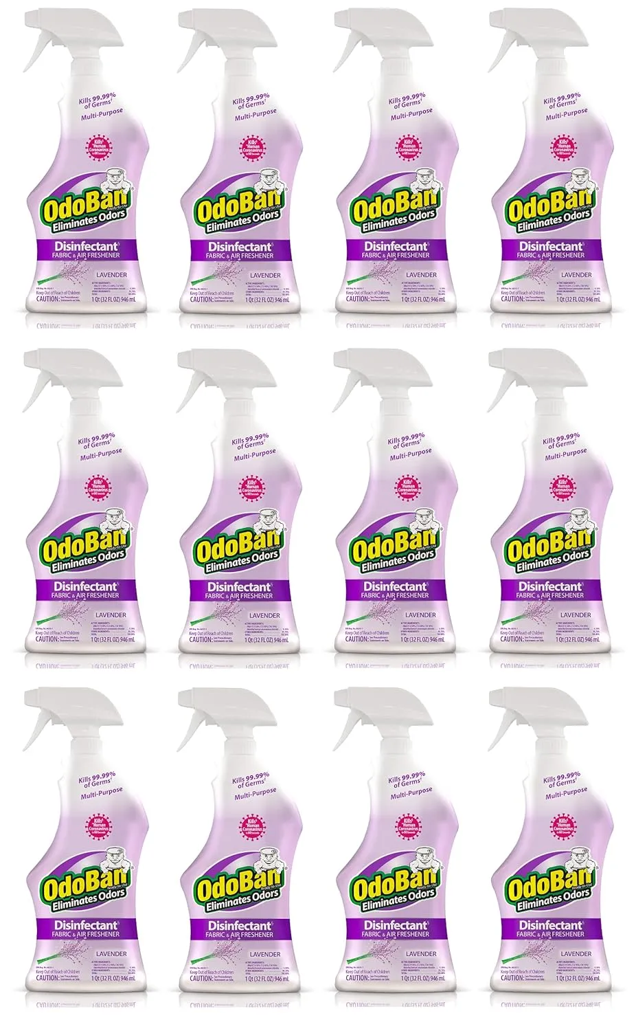 OdoBan Ready-to-Use Disinfectant and Odor Eliminator, Set of 12 Spray Bottles, 32 Ounces Each, Lavender Scent