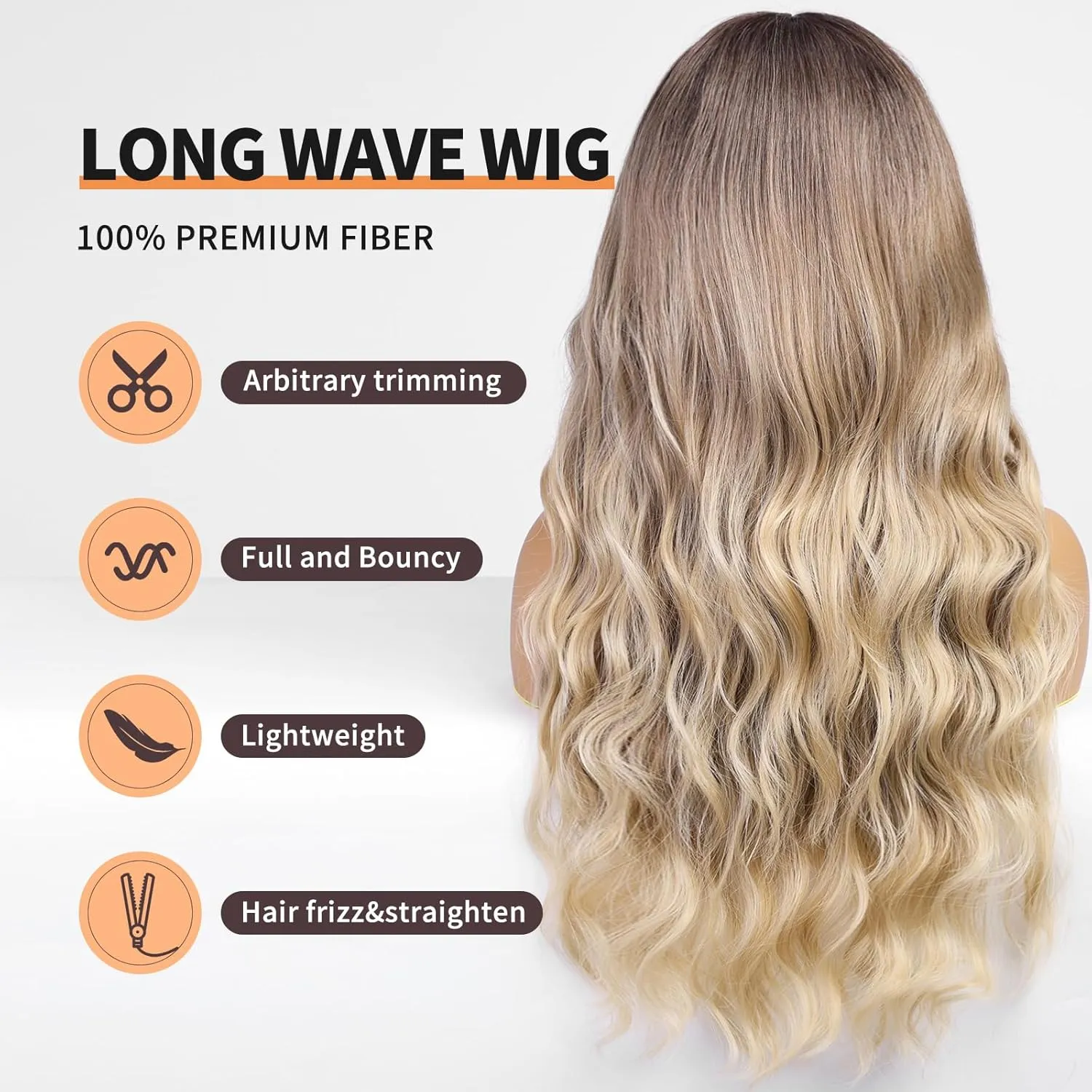 Ombre Blonde Wigs with Bangs,Blonde Highlight Long Wavy Wig for Women,Long Curly Synthetic Hair Wig for Party Cosplay Daily Use 24IN