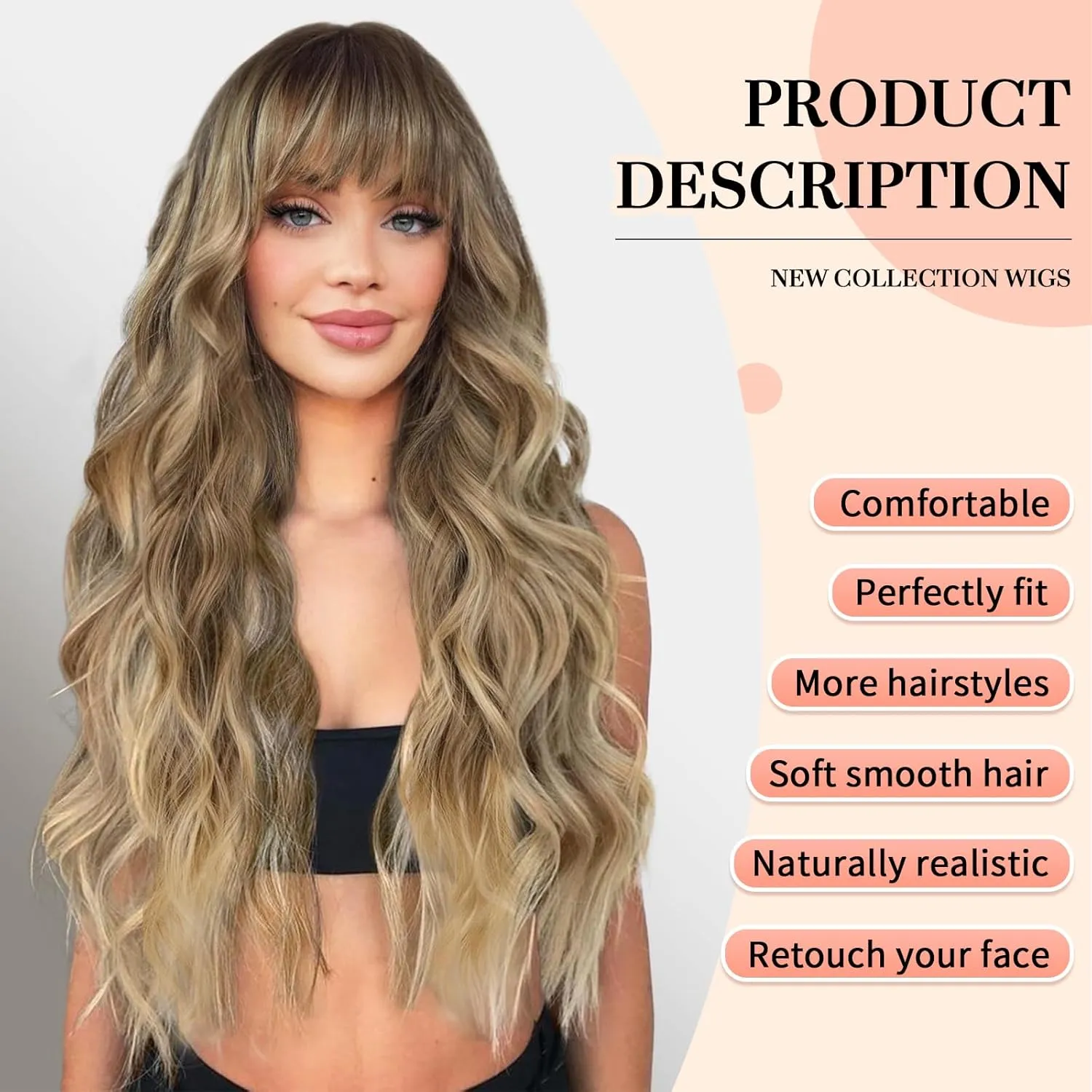 Ombre Blonde Wigs with Bangs,Blonde Highlight Long Wavy Wig for Women,Long Curly Synthetic Hair Wig for Party Cosplay Daily Use 24IN