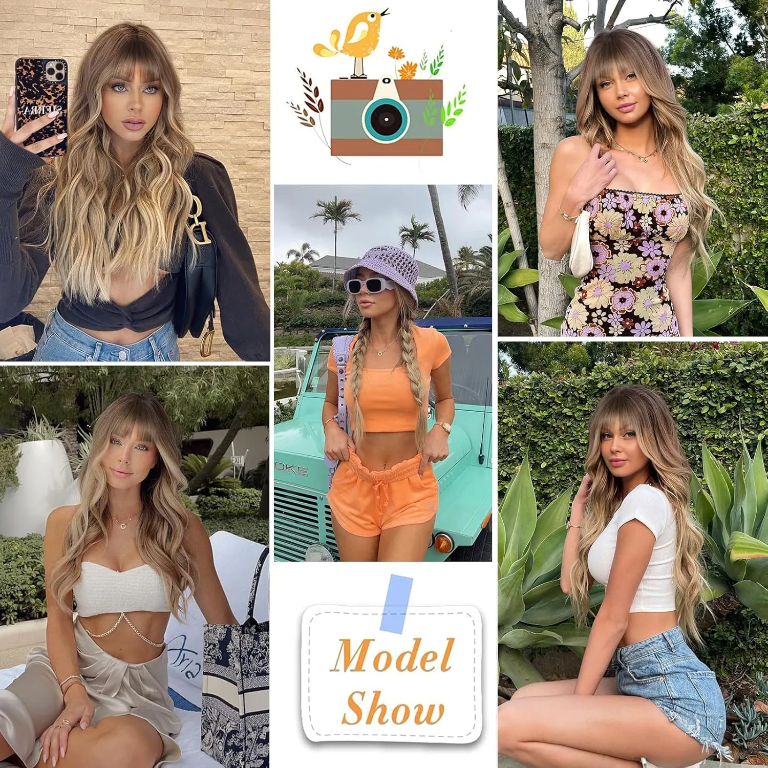 Ombre Blonde Wigs with Bangs,Blonde Highlight Long Wavy Wig for Women,Long Curly Synthetic Hair Wig for Party Cosplay Daily Use 24IN