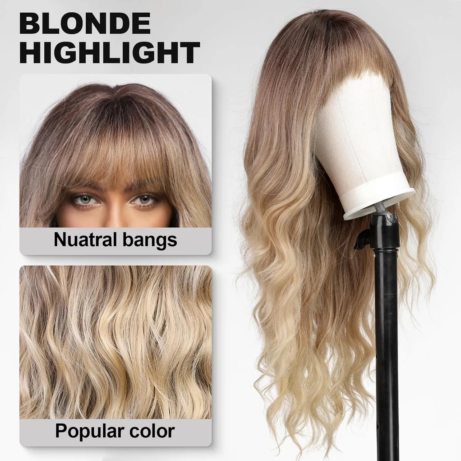 Ombre Blonde Wigs with Bangs,Blonde Highlight Long Wavy Wig for Women,Long Curly Synthetic Hair Wig for Party Cosplay Daily Use 24IN