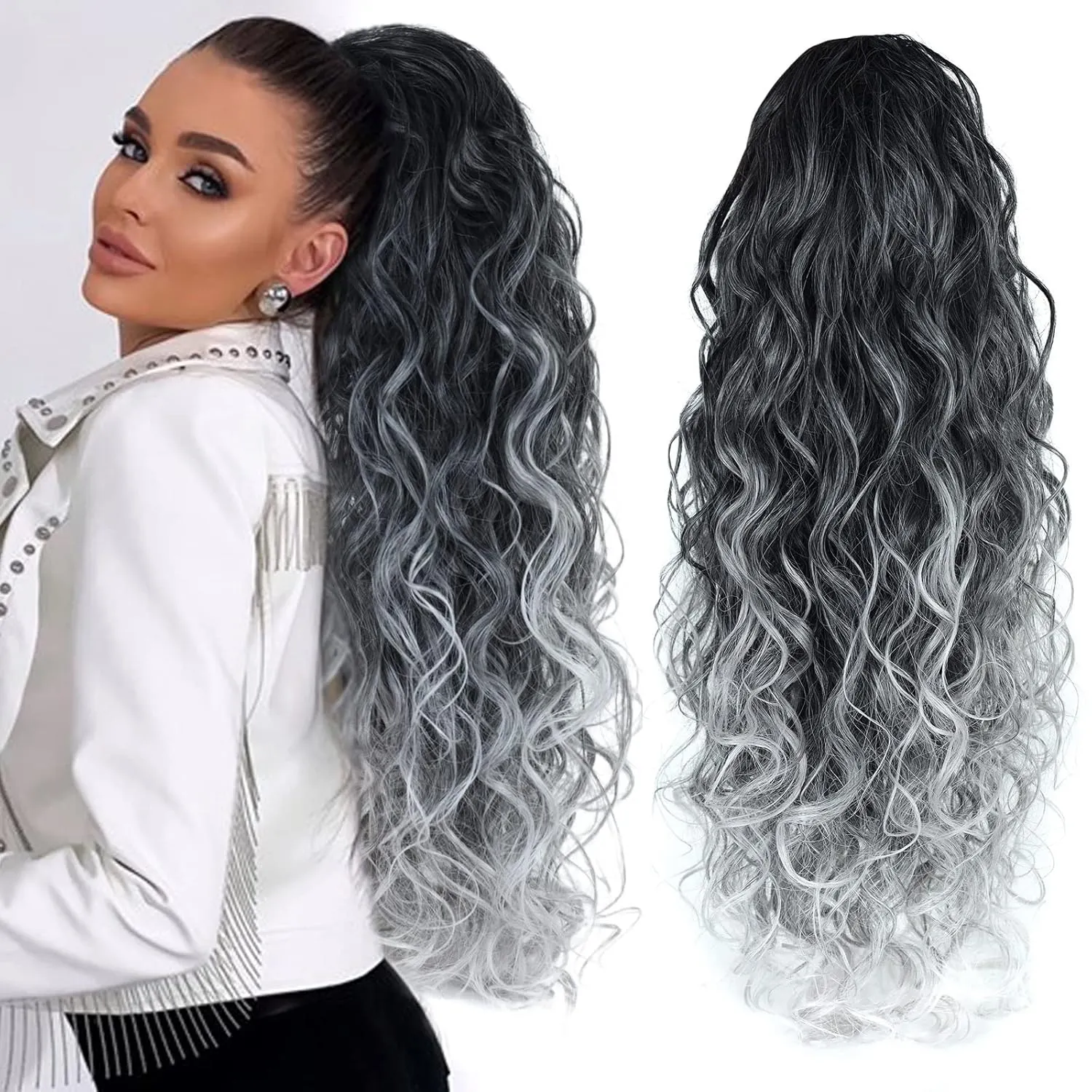 Ombre Gray Ponytail hairpiece for black women Drawstring Long Curly Pony Tail Hair Extainson Fake Ponytail Clip in Ponytail Extensions Gray Drawstring Ponytail for Black Women(Sliver Gray mix 6 OZ)…