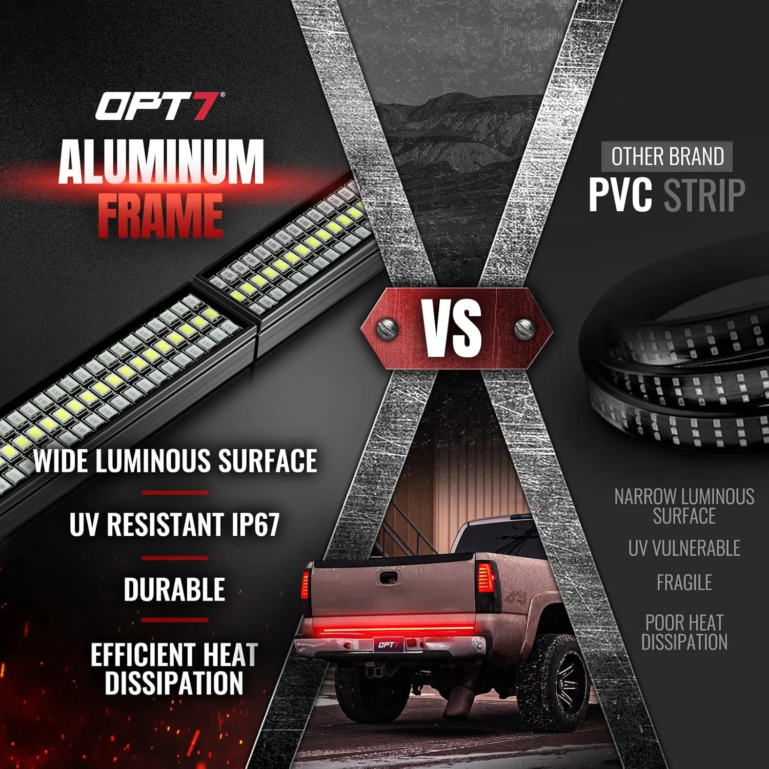 OPT7 60" Redline Parlux Triple Row LED Tailgate Light Bar w/Sequential Red Turn Signal, Weatherproof Rigid Aluminum Frame Light Strip for Trucks, Pickup - Full Function Reverse Brake Running