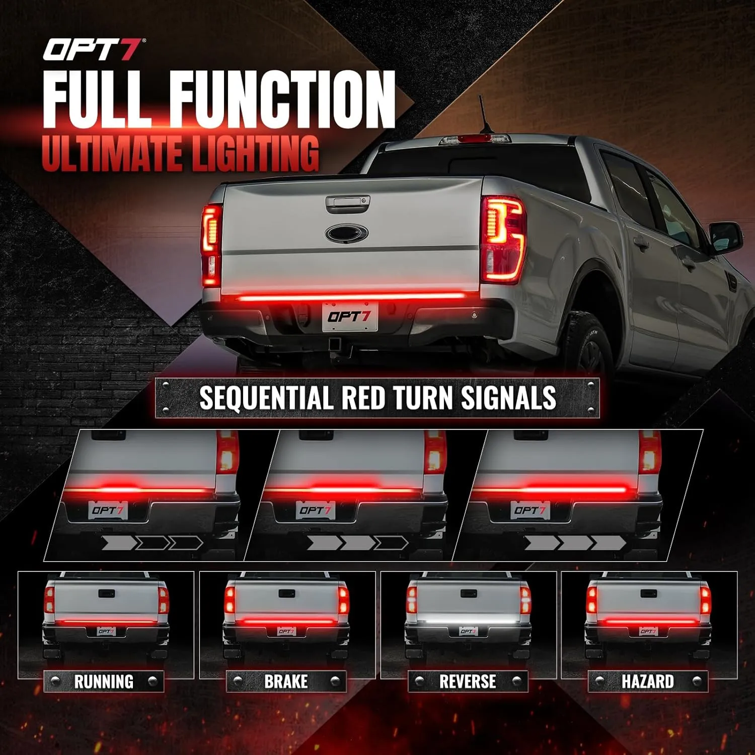 OPT7 60" Redline Parlux Triple Row LED Tailgate Light Bar w/Sequential Red Turn Signal, Weatherproof Rigid Aluminum Frame Light Strip for Trucks, Pickup - Full Function Reverse Brake Running