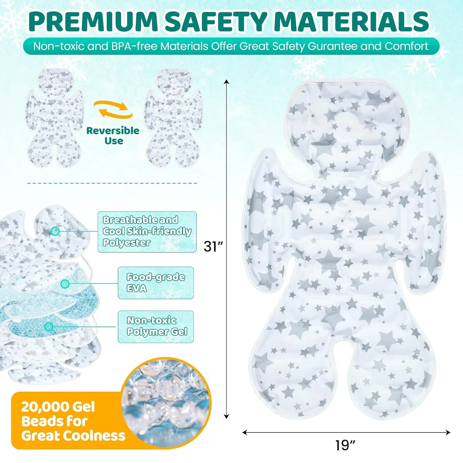 Orzbow Car Seat Cooling Pad for Toddler, Double Sided - Universal Seat Cooler Pad, Gel Baby Cooling Mat Cushion for Stroller, Baby Chair, Child Safety Car Seat, Keep Baby Cool in Summer, Gray