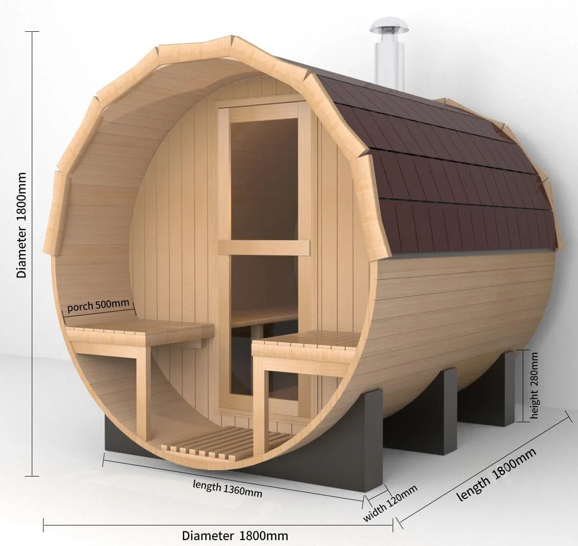 Outdoor Barrel Sauna with Porch, Wood Burning Stove Sauna 4 Person with Large Glass Windows, Canadian Hemlock, Chimney Kit, Triple Waterproof System, Double Reinforcement(0-195℉)